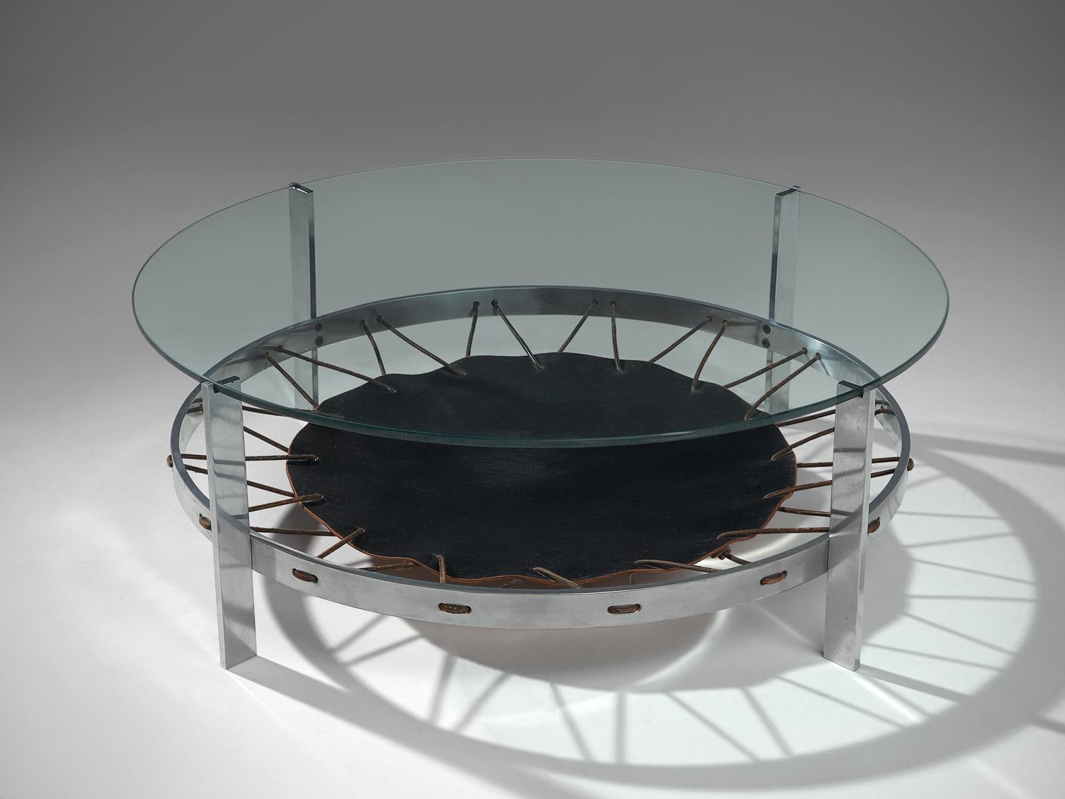 Danish Chrome Coffee Table with Glass Top and Spanned Leather