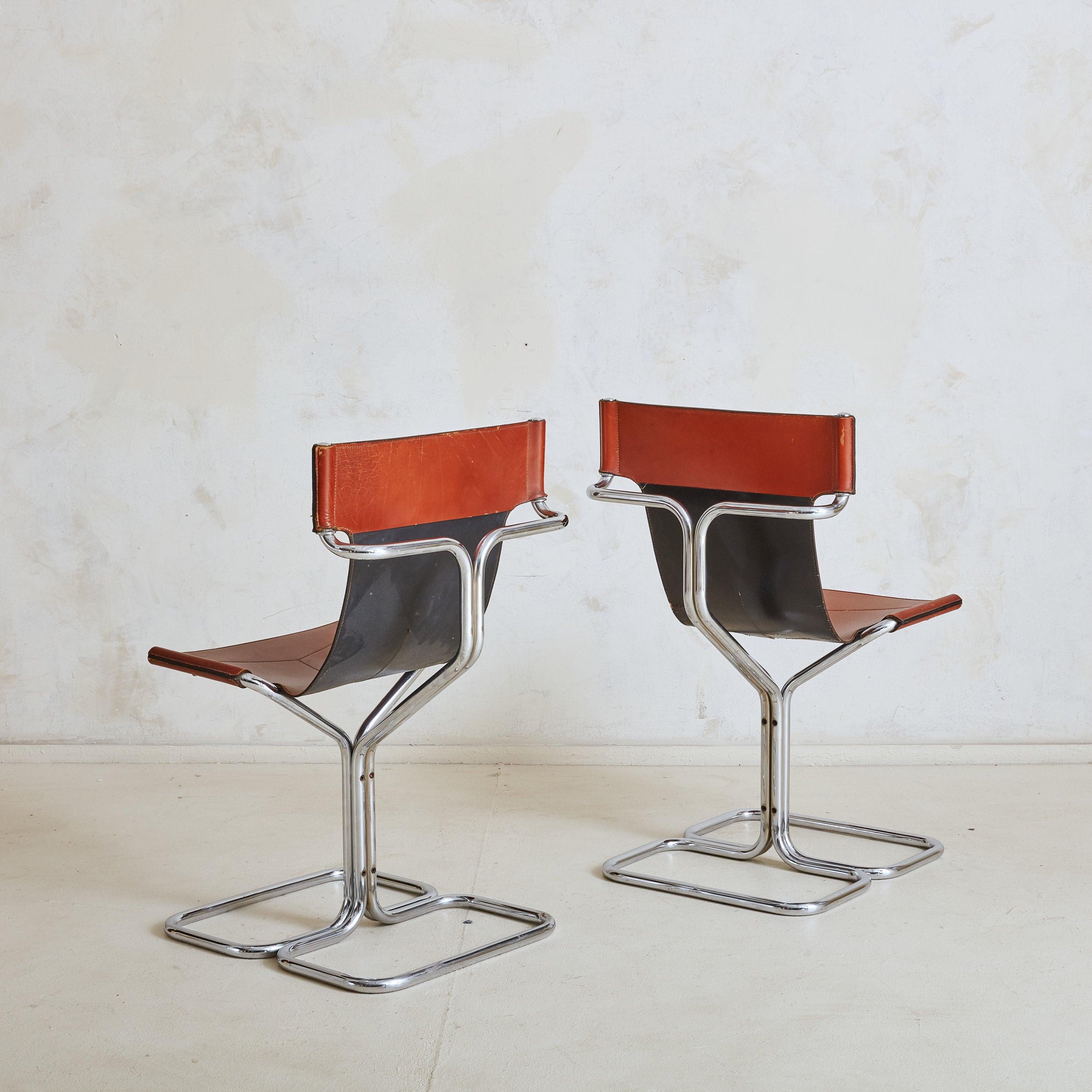 Fin du 20e siècle Chaise à bandoulière en chrome et cuir cognac attribuée à Guido Faleschini, Italie en vente