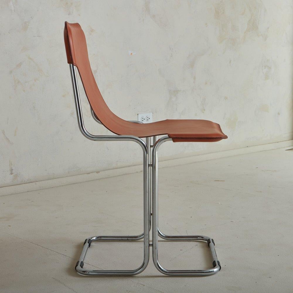 Mid-Century Modern Chrome + Cognac Leather Slingback Chair, Italy 1970s For Sale