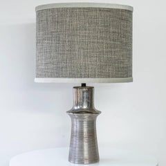 Chrome Colored Lamp with Relief, Custom Gray Silk Lampshade by R. Houben