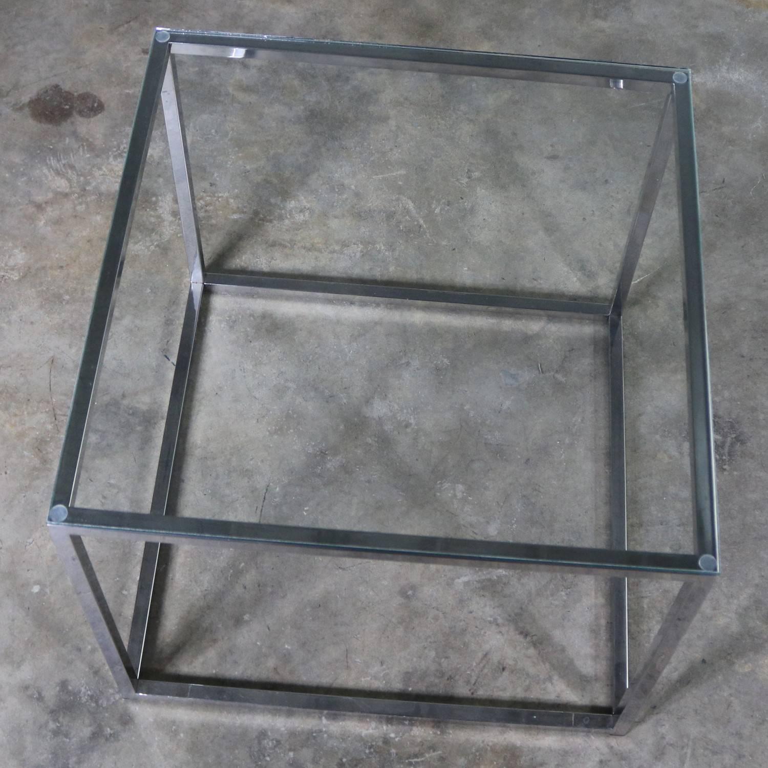 Chrome Cube End Table with Glass Top Manner of Milo Baughman 3