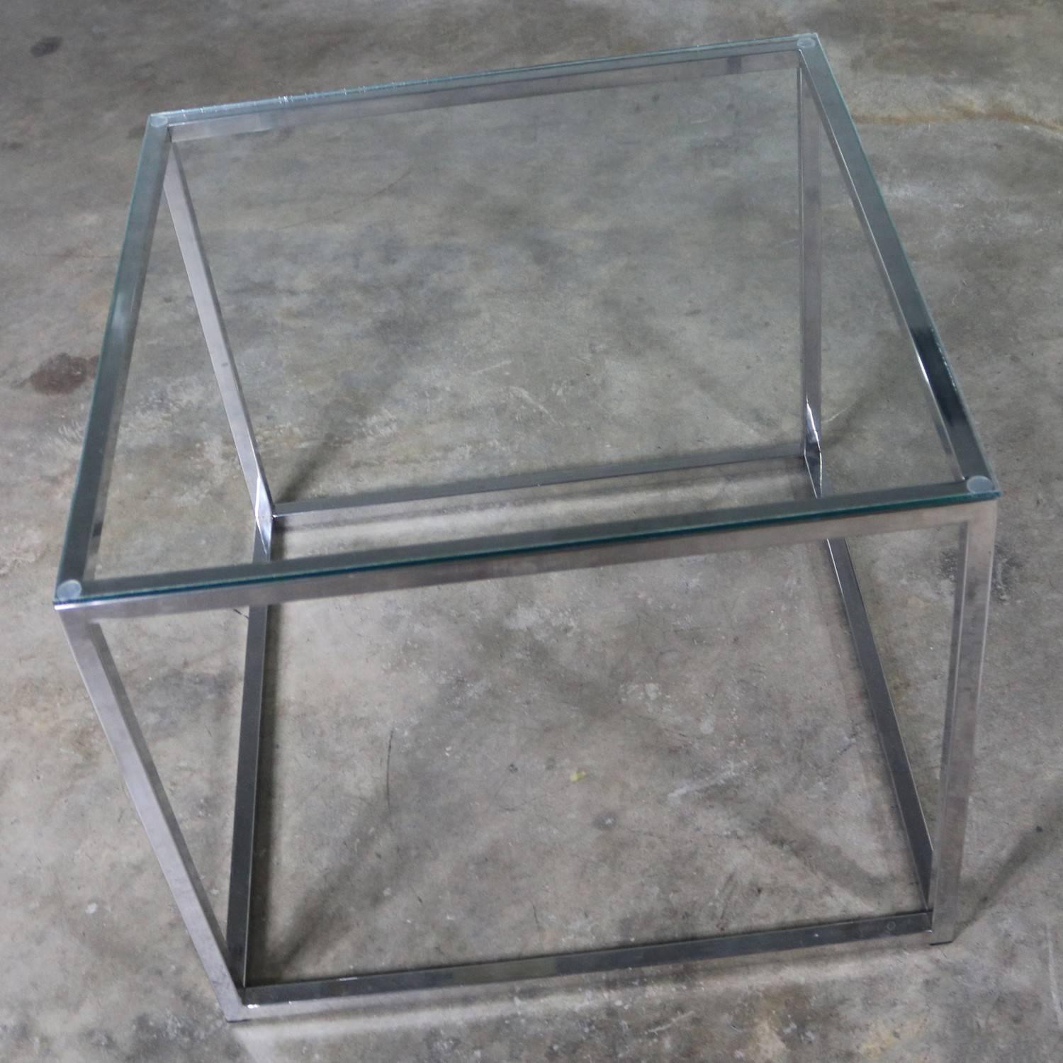 Chrome Cube End Table with Glass Top Manner of Milo Baughman 4