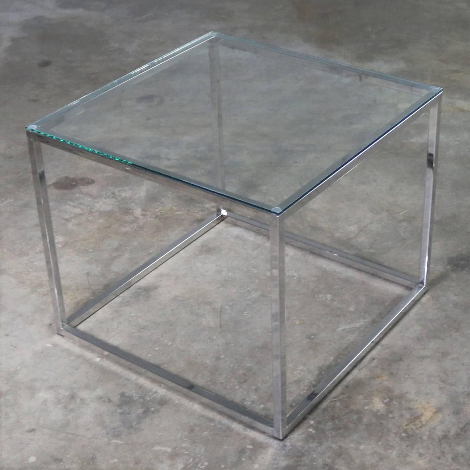 American Chrome Cube End Table with Glass Top Manner of Milo Baughman