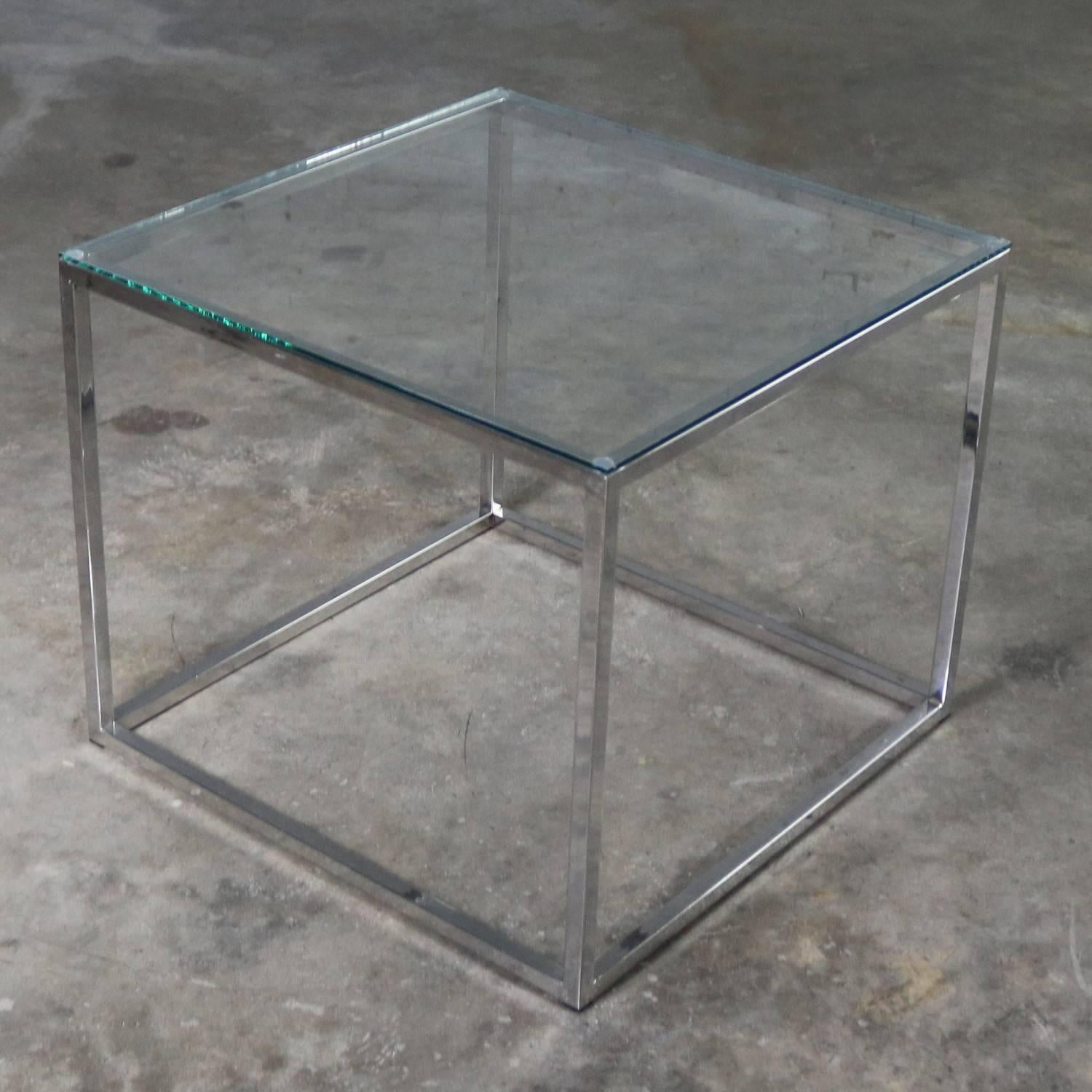 Late 20th Century Chrome Cube End Table with Glass Top Manner of Milo Baughman