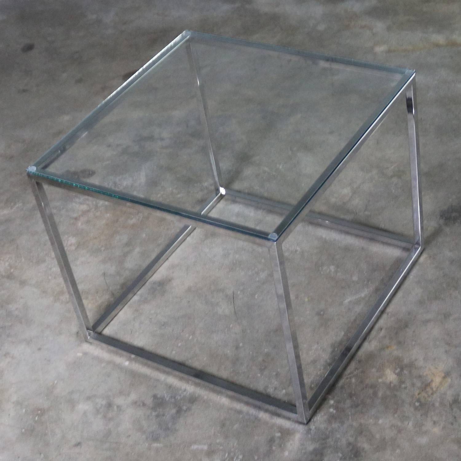 Chrome Cube End Table with Glass Top Manner of Milo Baughman 1