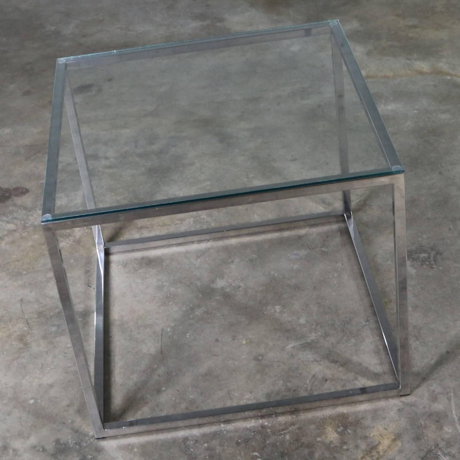 Chrome Cube End Table with Glass Top Manner of Milo Baughman 2