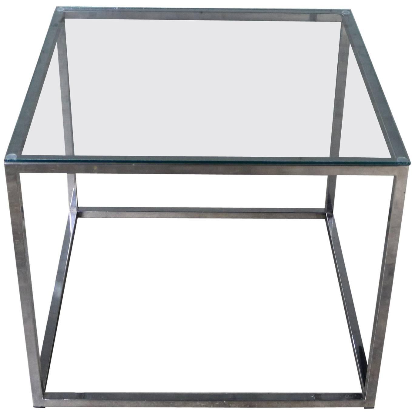 Chrome Cube End Table with Glass Top Manner of Milo Baughman