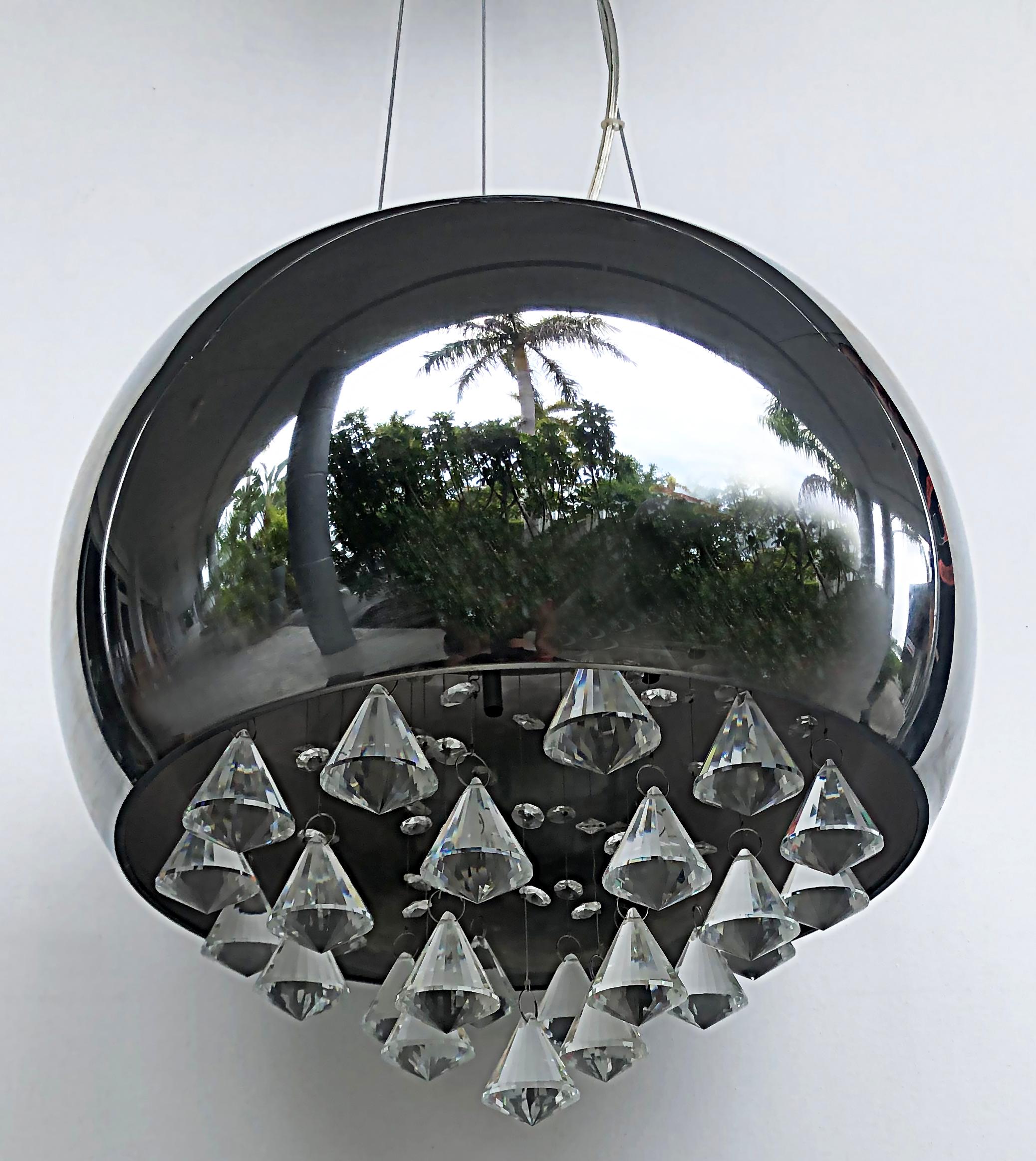Modern Chrome Cut Crystal Chandelier Pendant Ceiling Fixture with Canopy For Sale