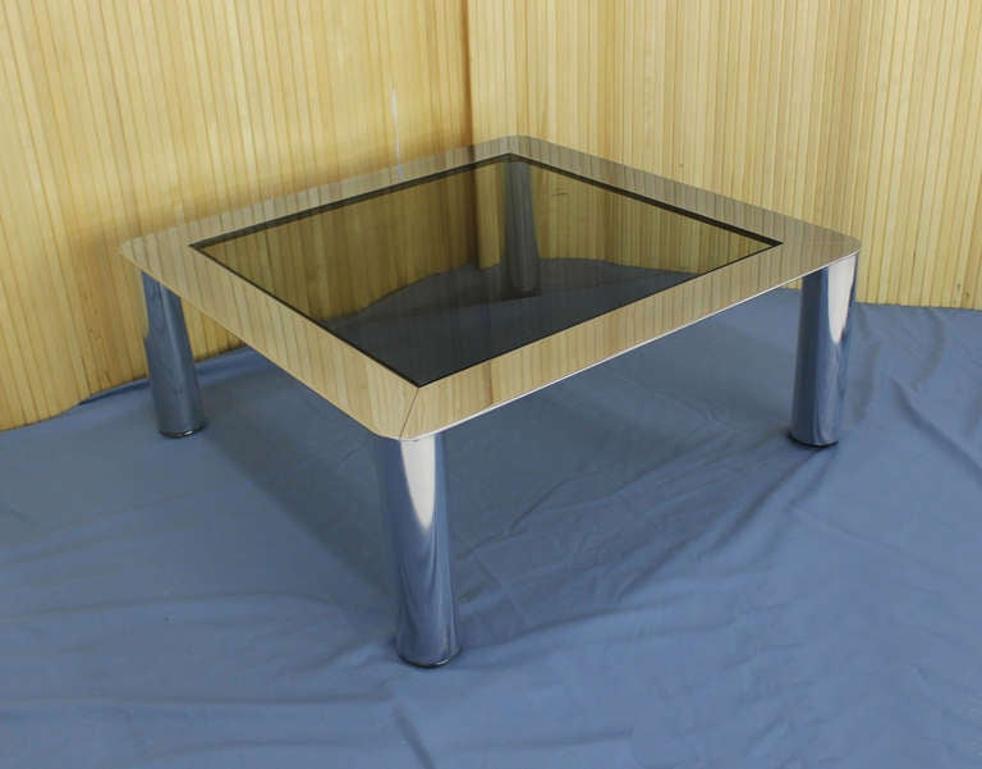 American Chrome Cylinder Legs Square Smoked Glass Mid-Century Modern Coffee Table MINT! For Sale