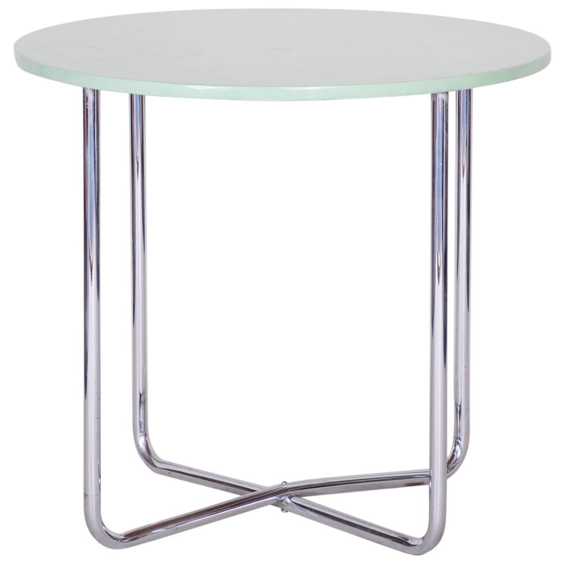 Chrome Czech Bauhaus Green Rounded Table, 1930s, Original Very Well Condition