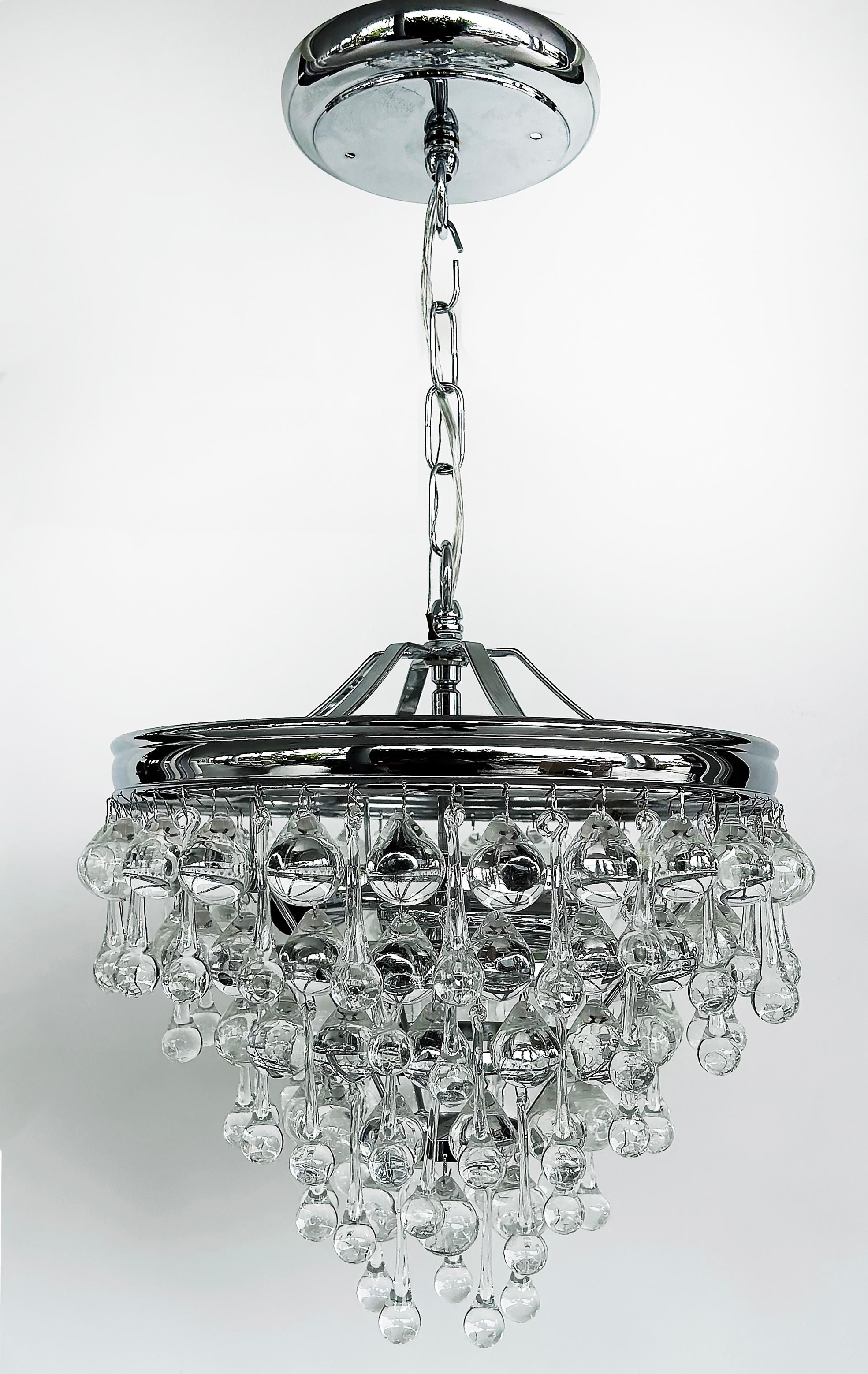 20th Century Dense Crystal Teardrop Chrome Pendant 3-Light Fixture, Chain and Canopy For Sale