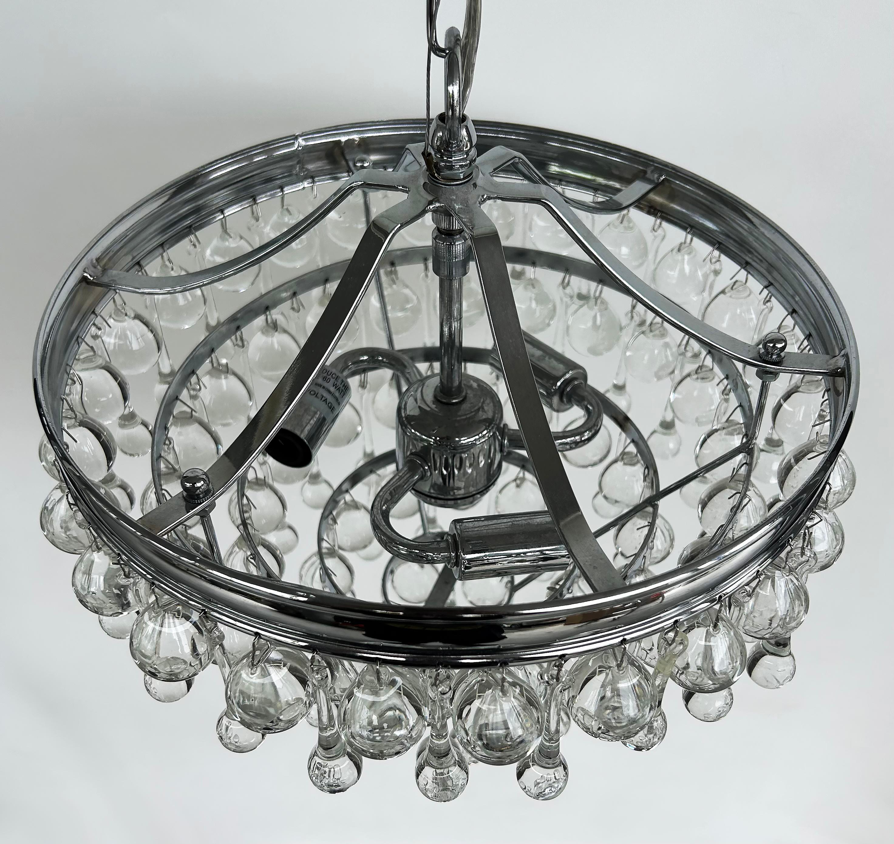 Metal Dense Crystal Teardrop Chrome Pendant 3-Light Fixture, Chain and Canopy For Sale