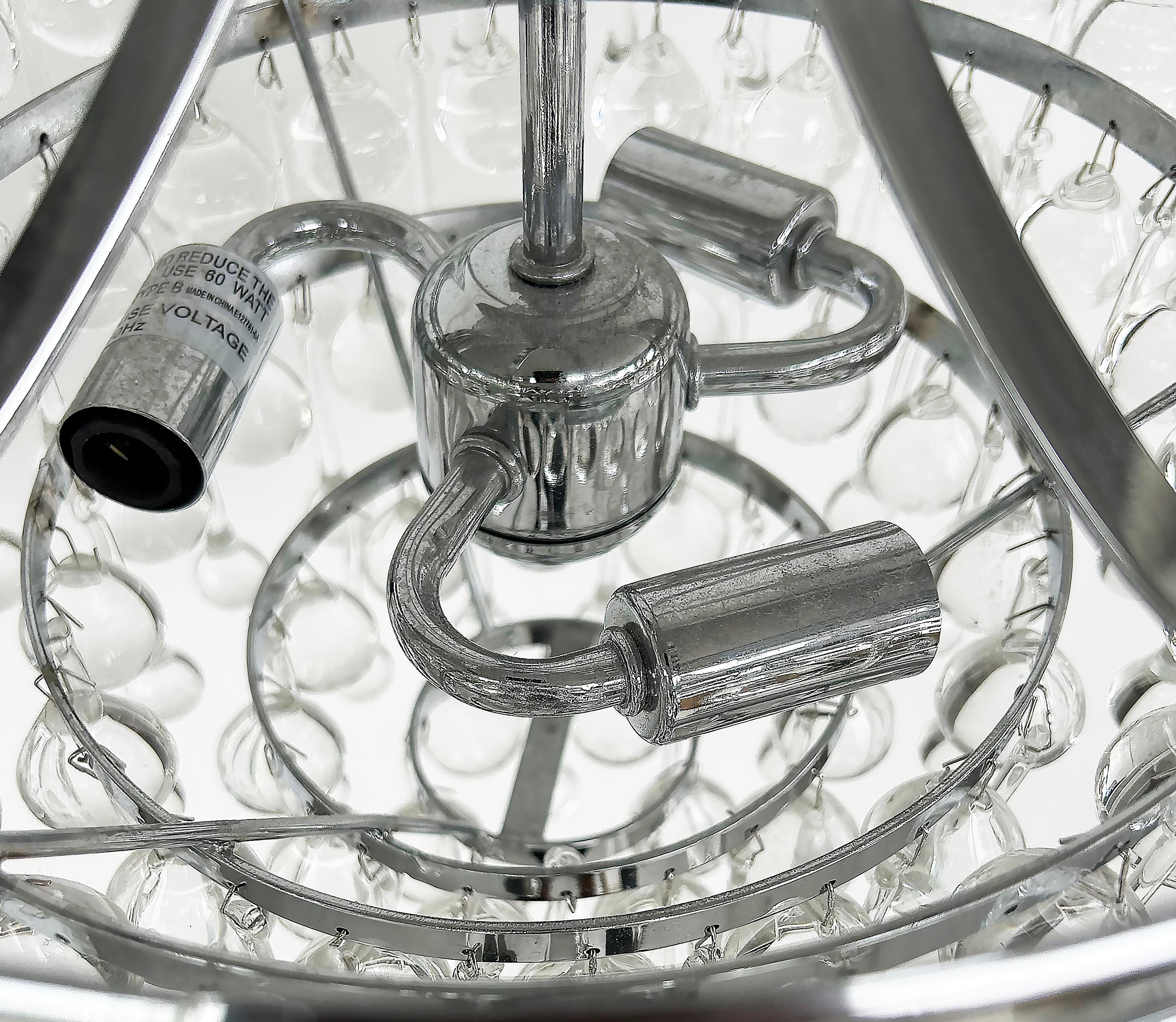Dense Crystal Teardrop Chrome Pendant 3-Light Fixture, Chain and Canopy For Sale 1