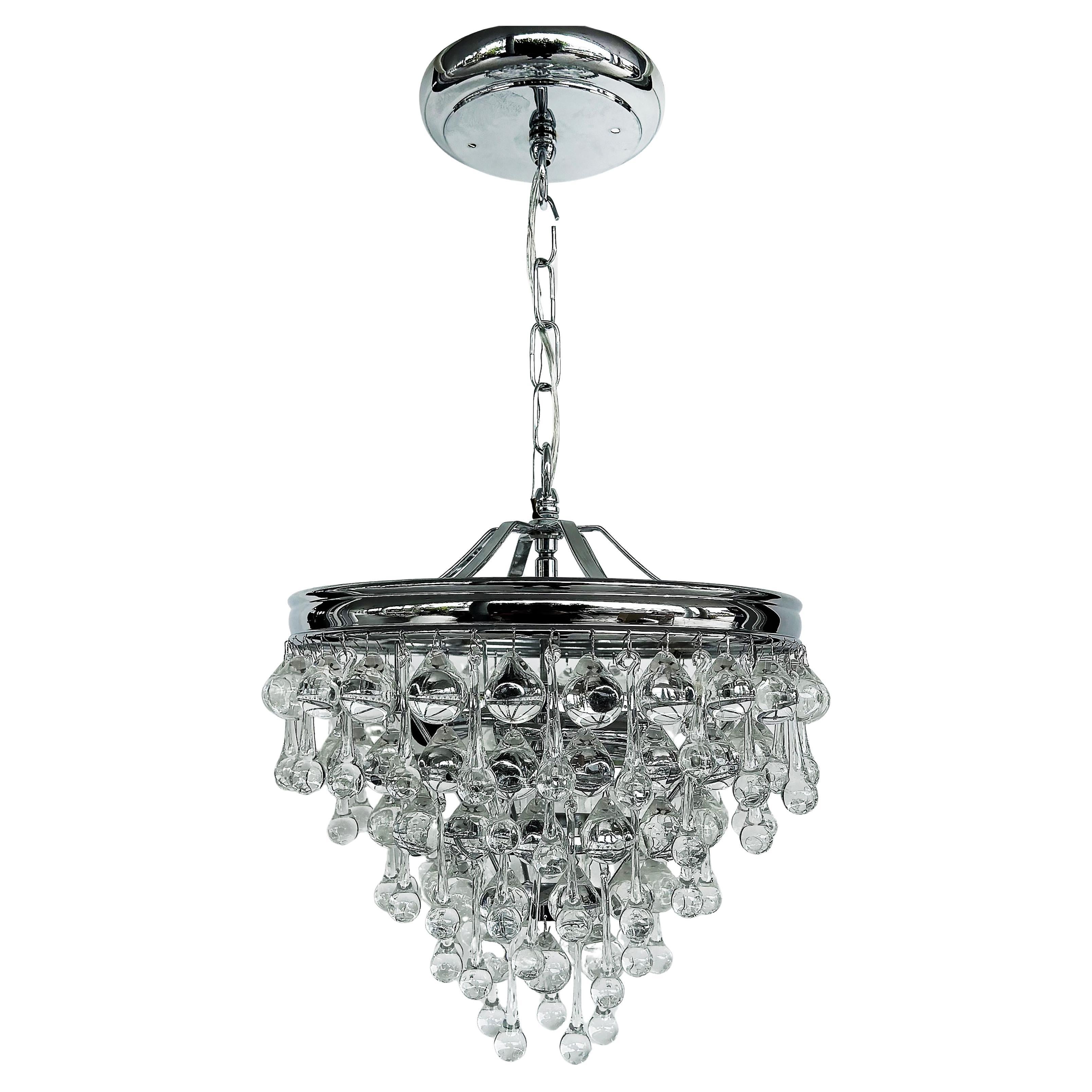 Dense Crystal Teardrop Chrome Pendant 3-Light Fixture, Chain and Canopy For Sale