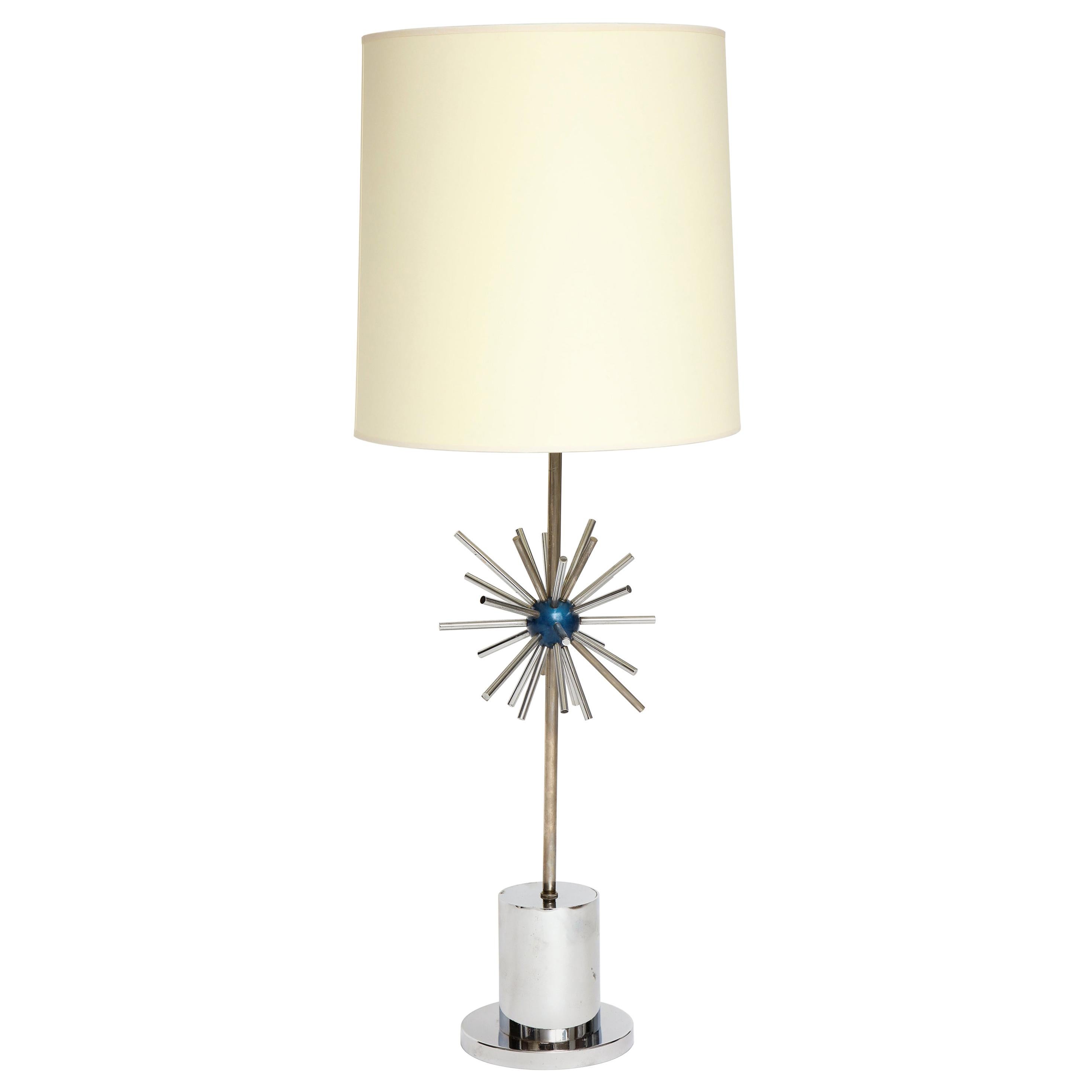 Schreibtischlampe aus Chrom mit lackiertem blauem Sputnik-Design, Französisch, 1970er Jahre, Mitte des Jahrhunderts im Angebot