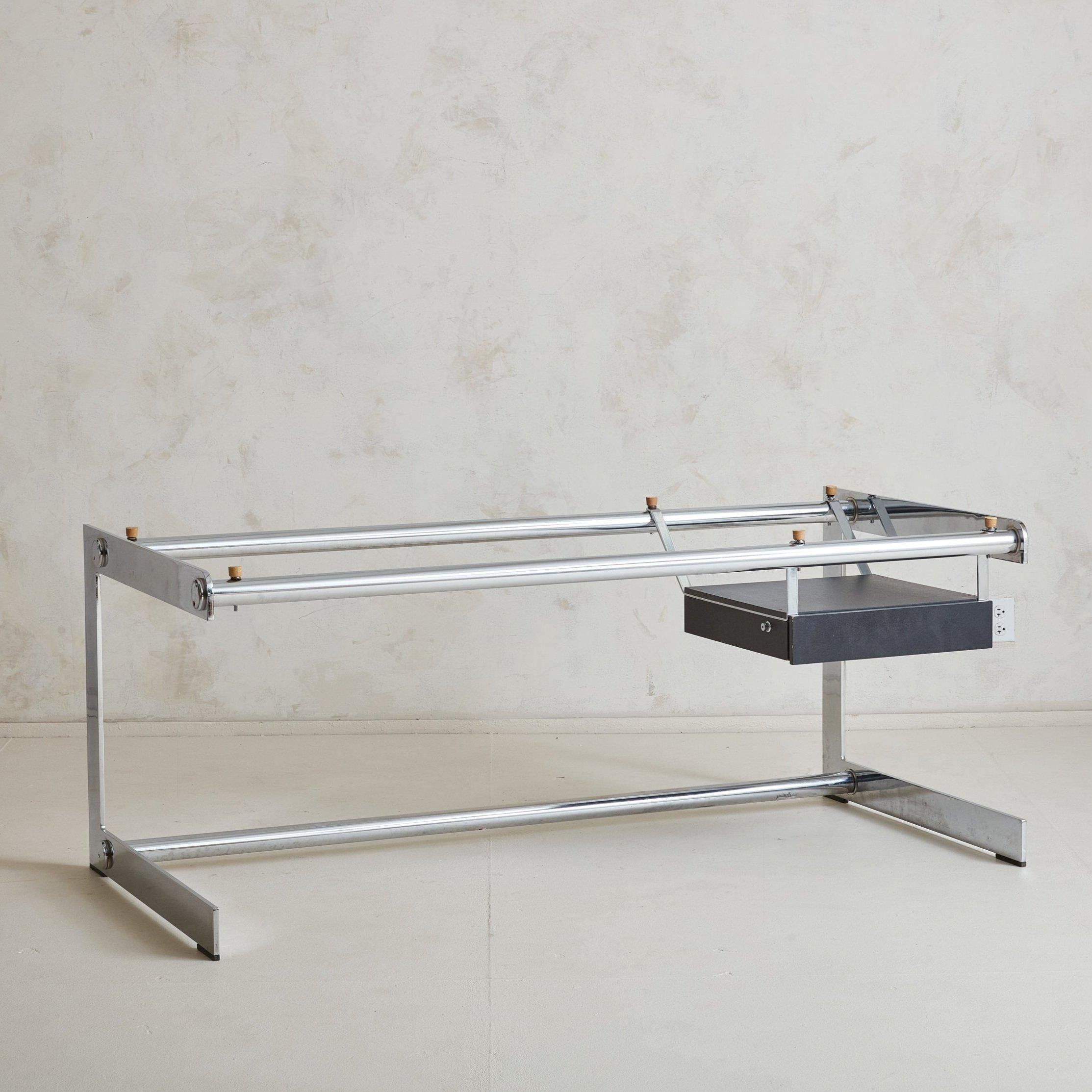 Mid-Century Modern Chrome Desk with Smoked Glass Top by Gilles Bouchez for Airborne, France 1970s For Sale