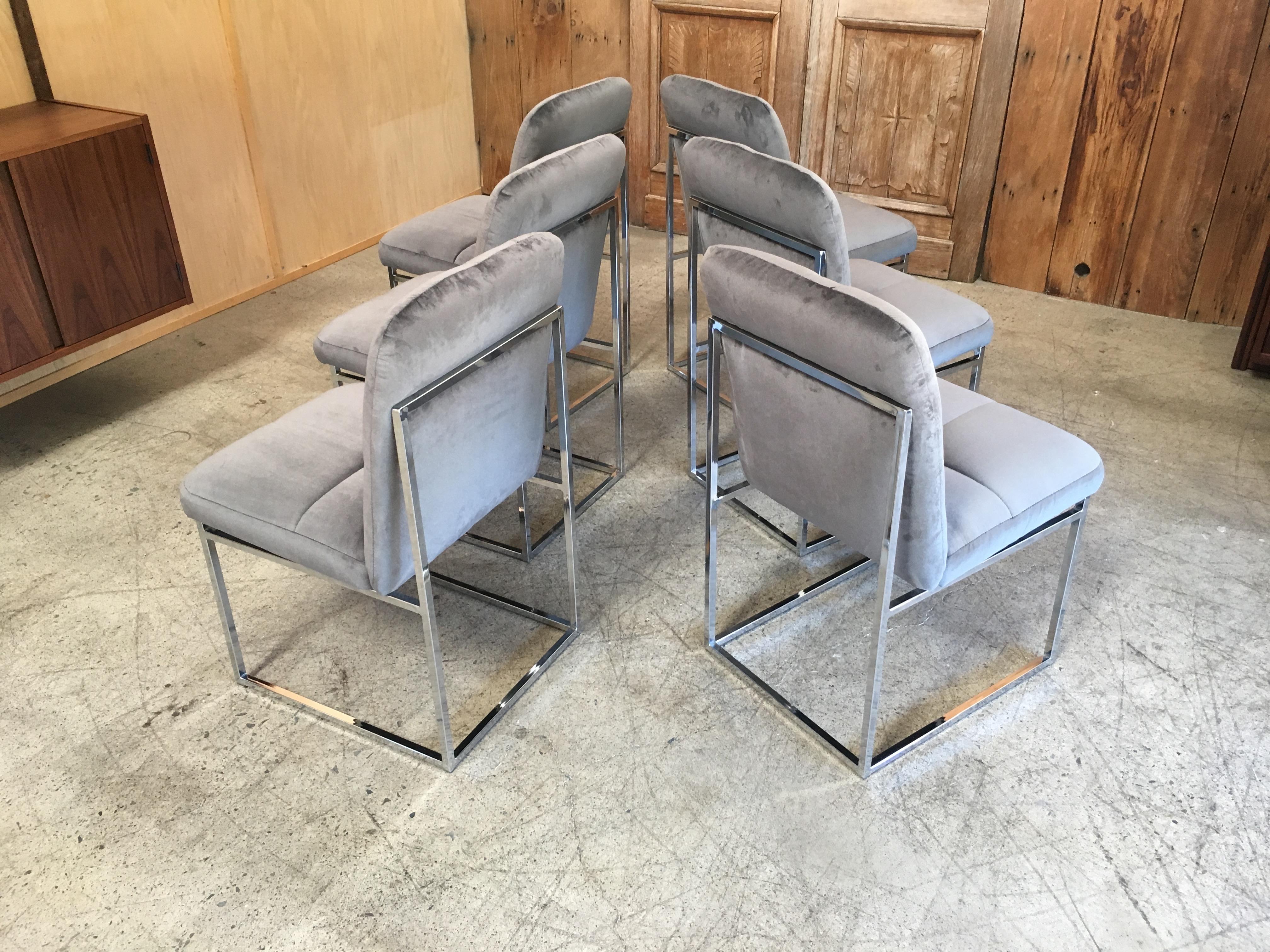 Upholstery Chrome Dining Chairs in the Style of Milo Baughman