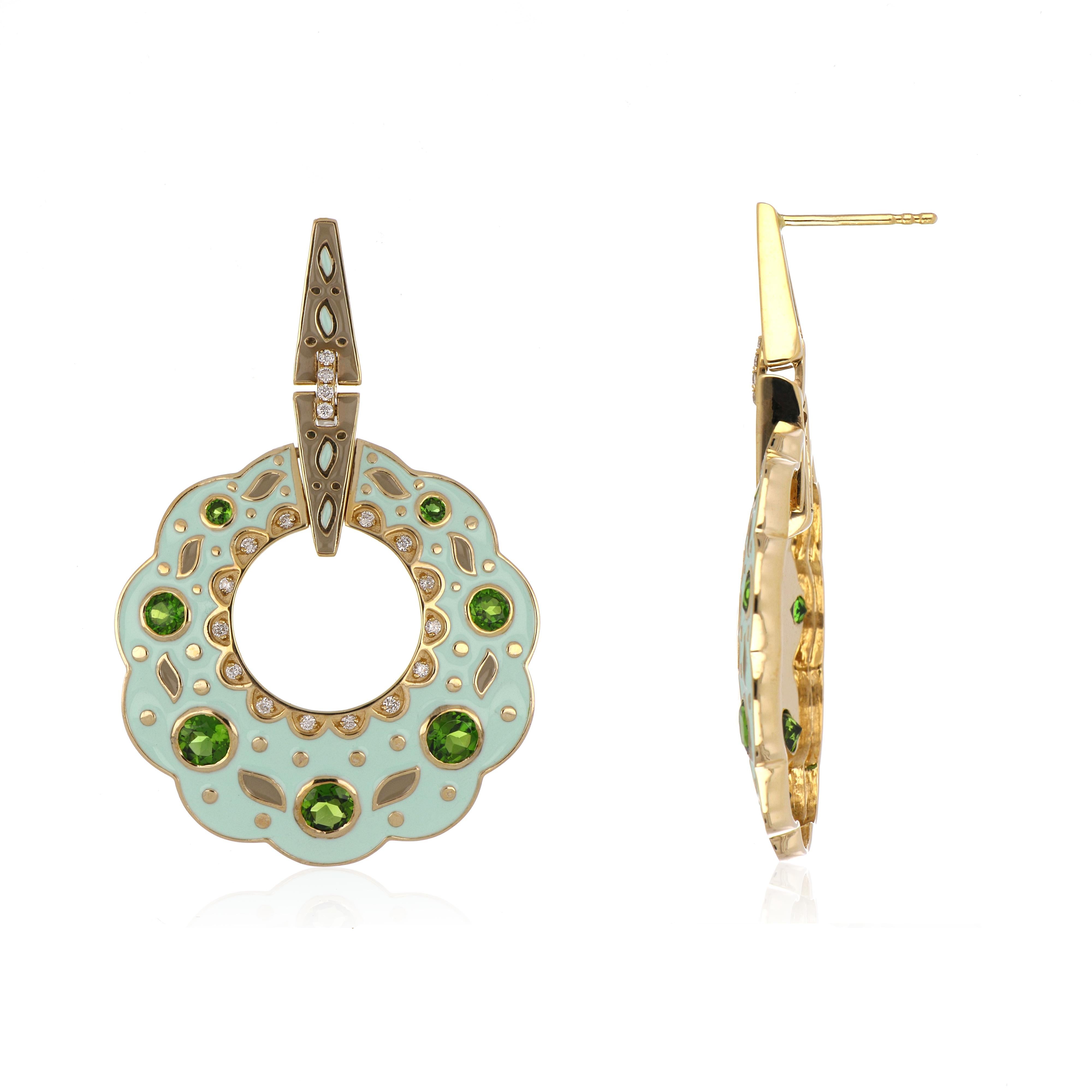 Contemporary Chrome Diopside and Diamond Studded Enamel Earrings in 14 Karat Gold For Sale