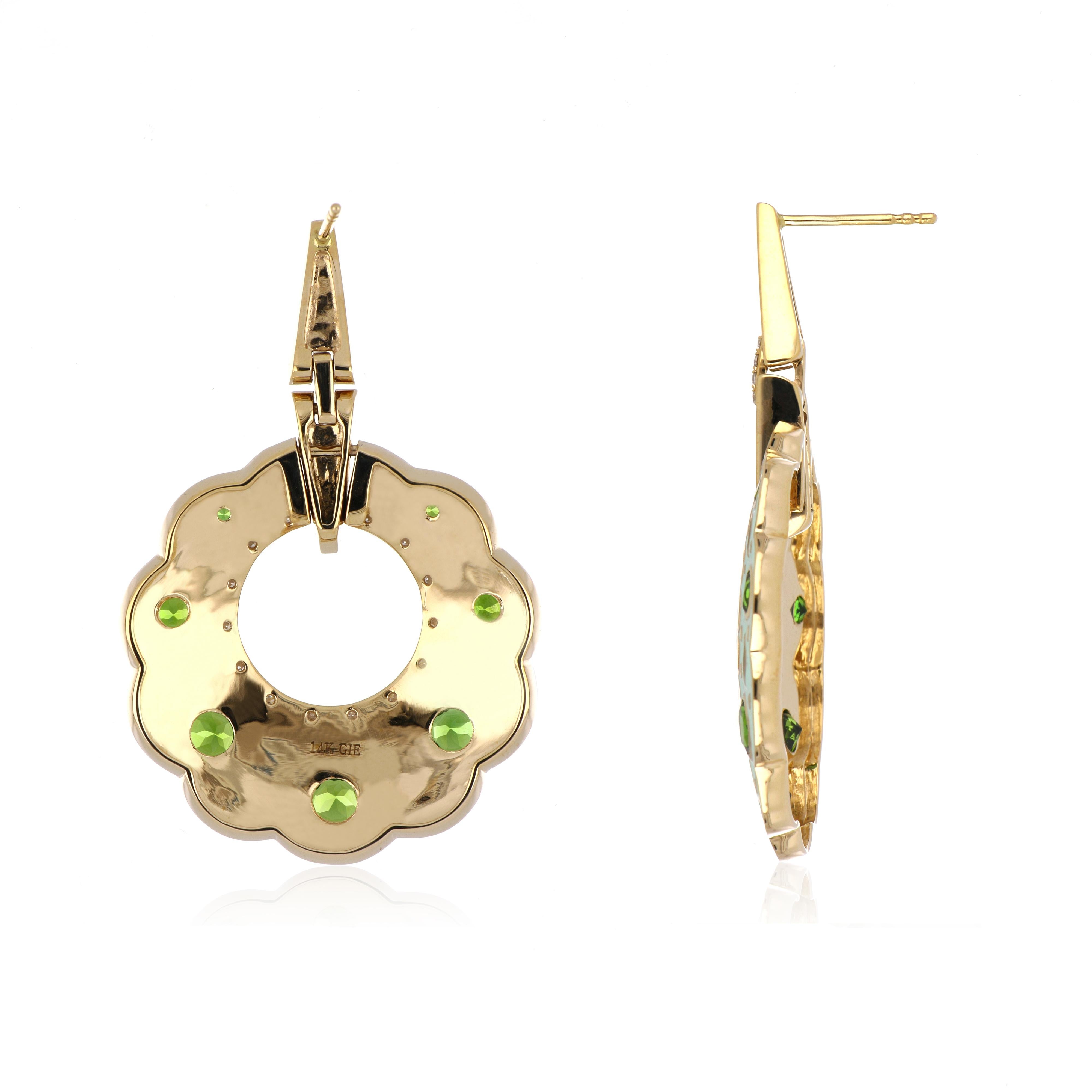 Round Cut Chrome Diopside and Diamond Studded Enamel Earrings in 14 Karat Gold For Sale