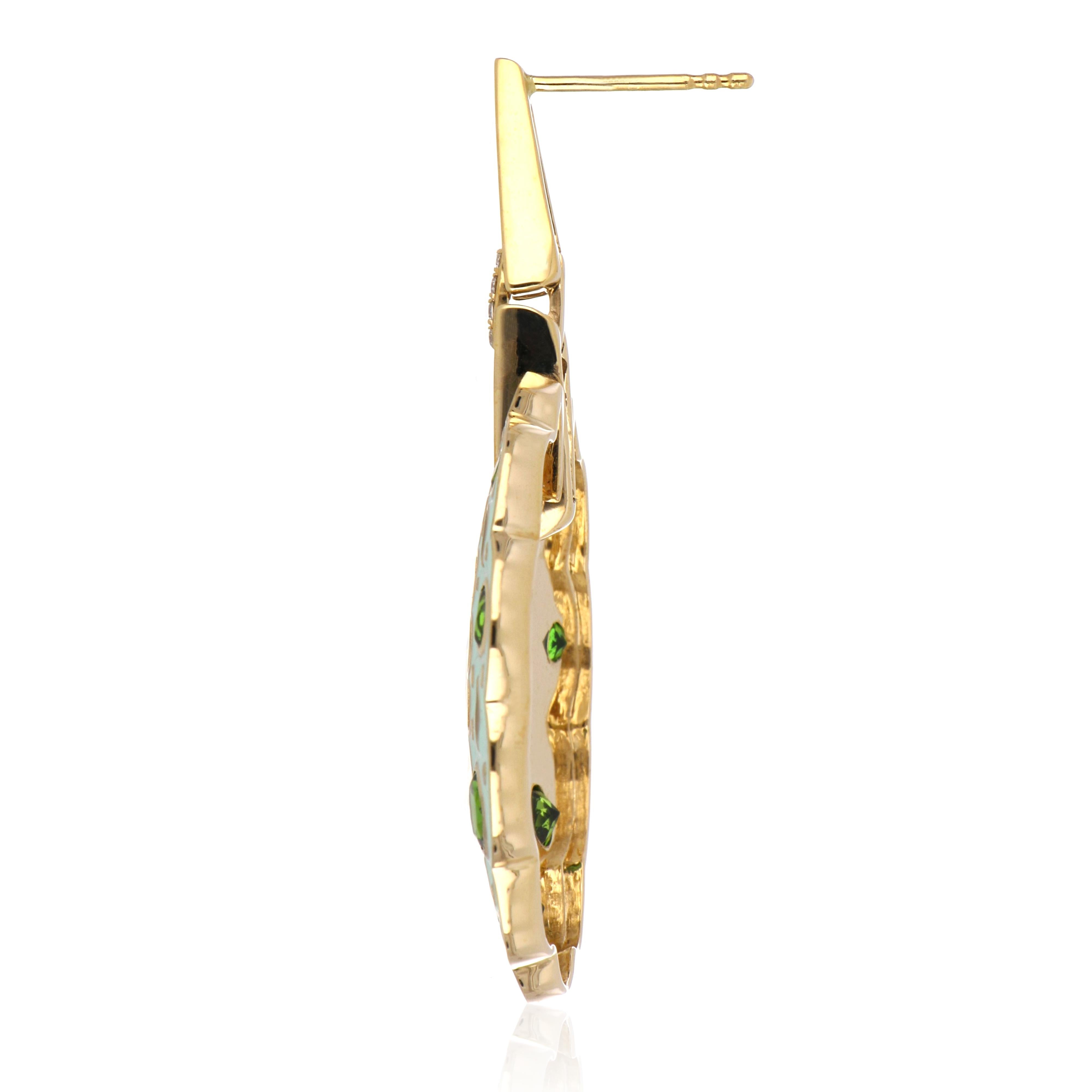 Chrome Diopside and Diamond Studded Enamel Earrings in 14 Karat Gold For Sale 1