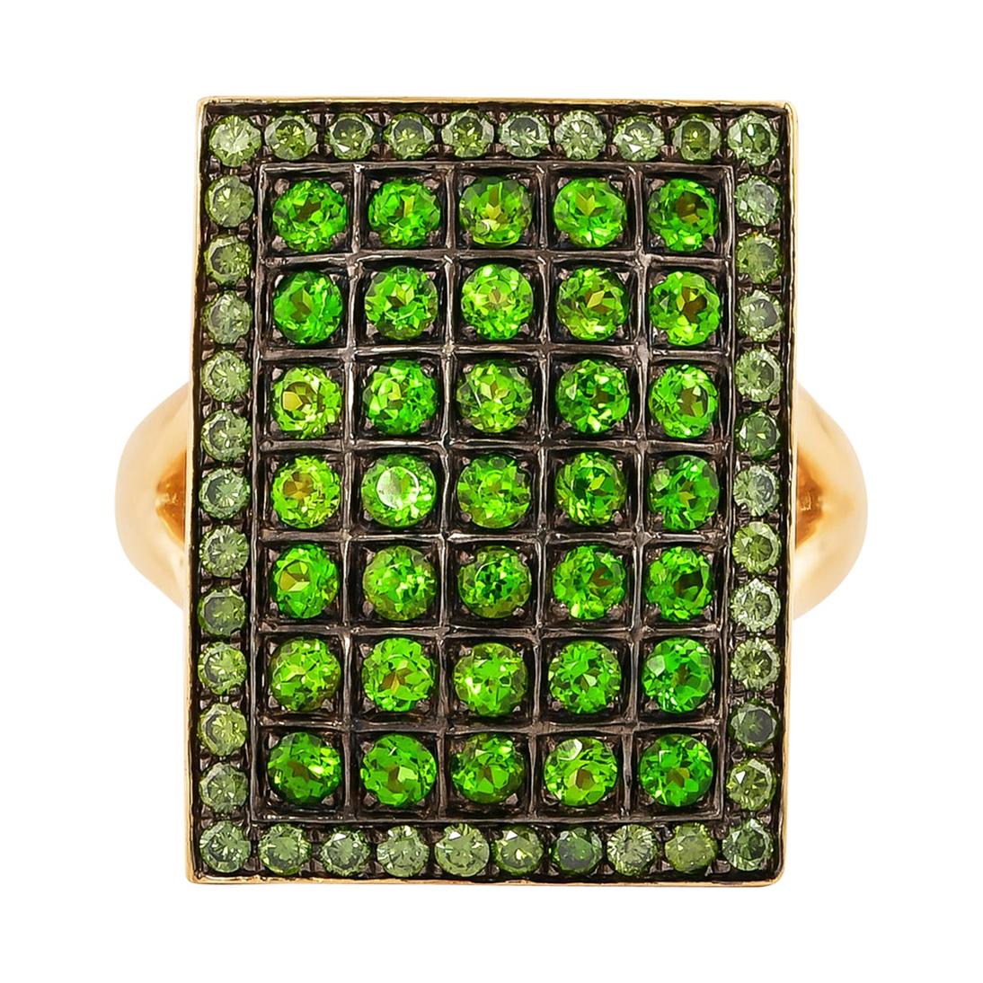 Chrome Diopside and Green Diamond Ring in 14 Karat Yellow Gold