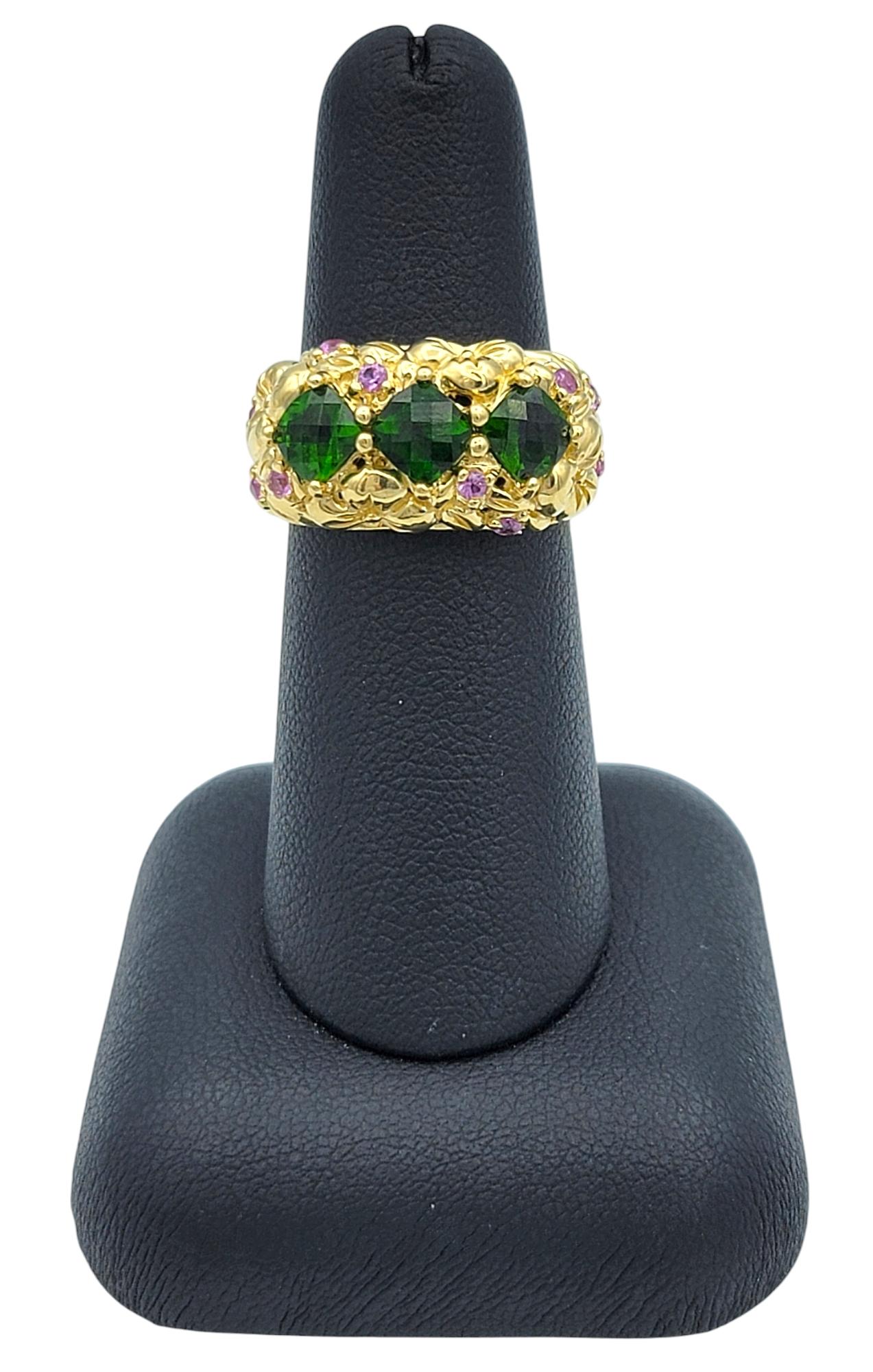 Chrome Diopside and Pink Tourmaline Textured Floral Band Ring in 18 Karat Gold For Sale 5