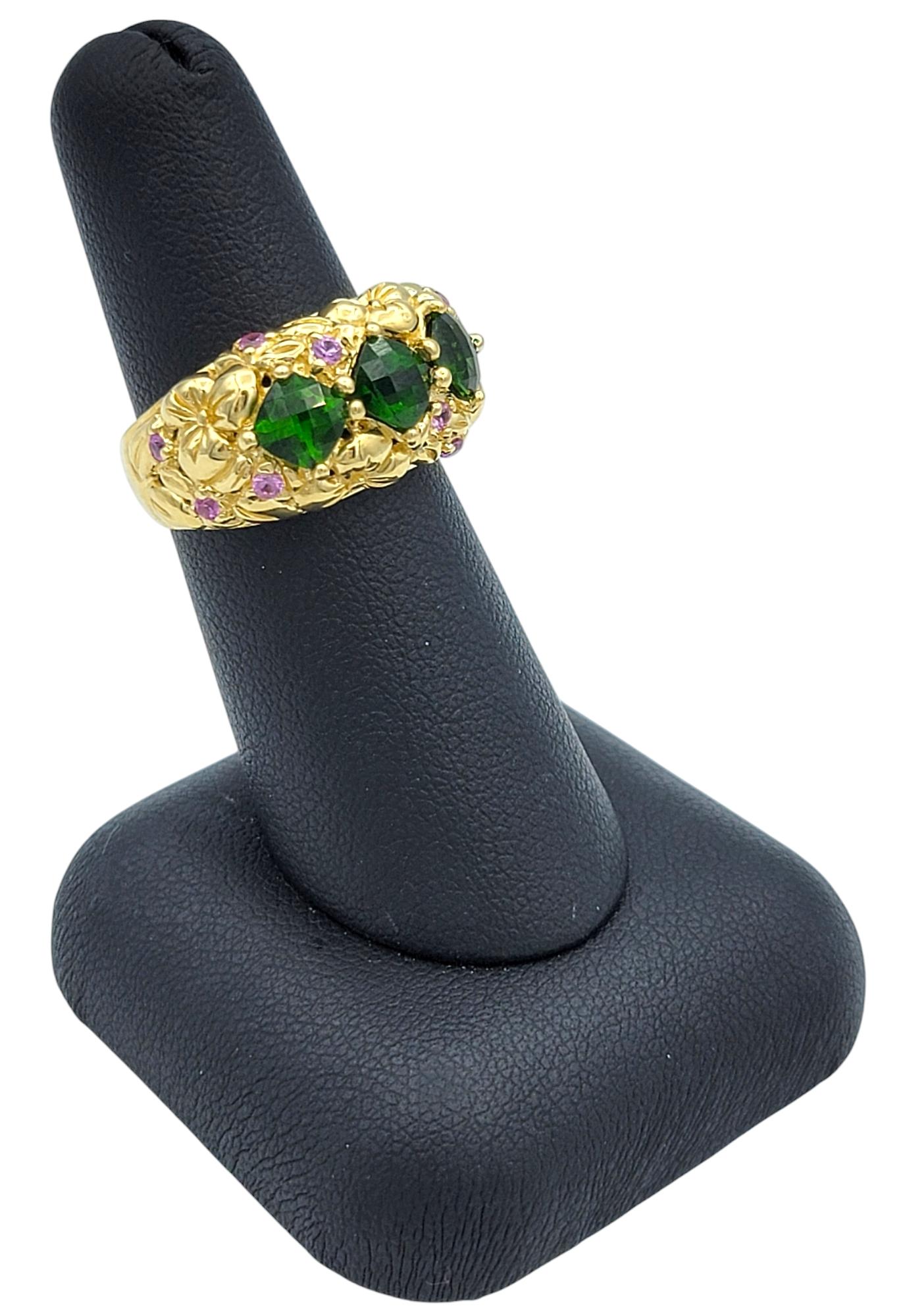 Chrome Diopside and Pink Tourmaline Textured Floral Band Ring in 18 Karat Gold For Sale 6