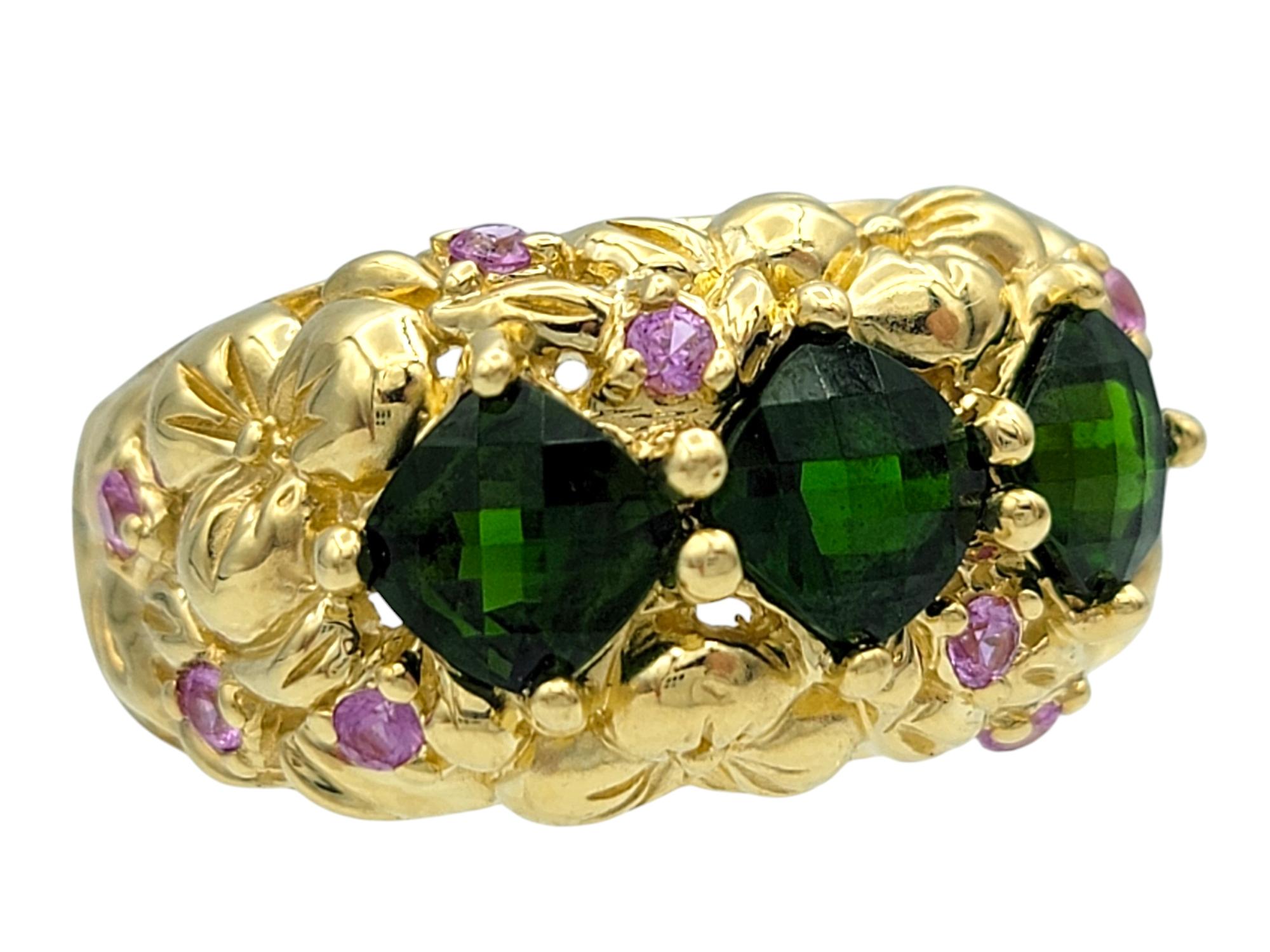 Contemporary Chrome Diopside and Pink Tourmaline Textured Floral Band Ring in 18 Karat Gold For Sale