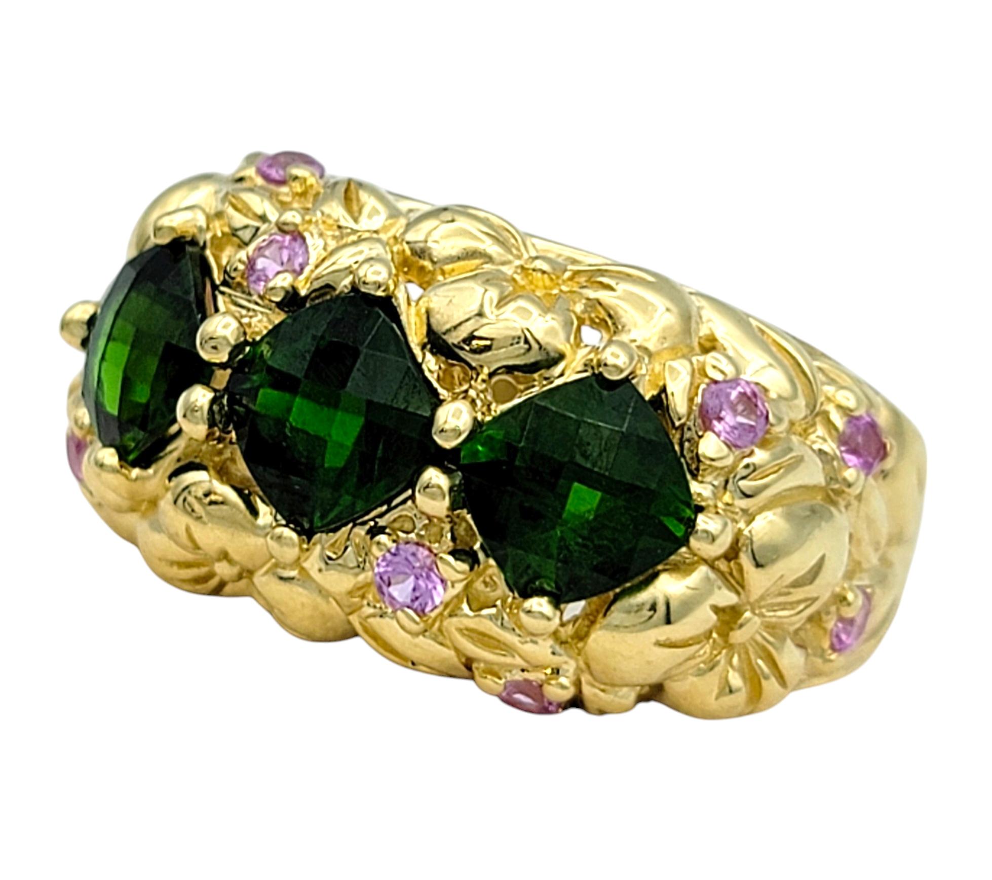 Cushion Cut Chrome Diopside and Pink Tourmaline Textured Floral Band Ring in 18 Karat Gold For Sale