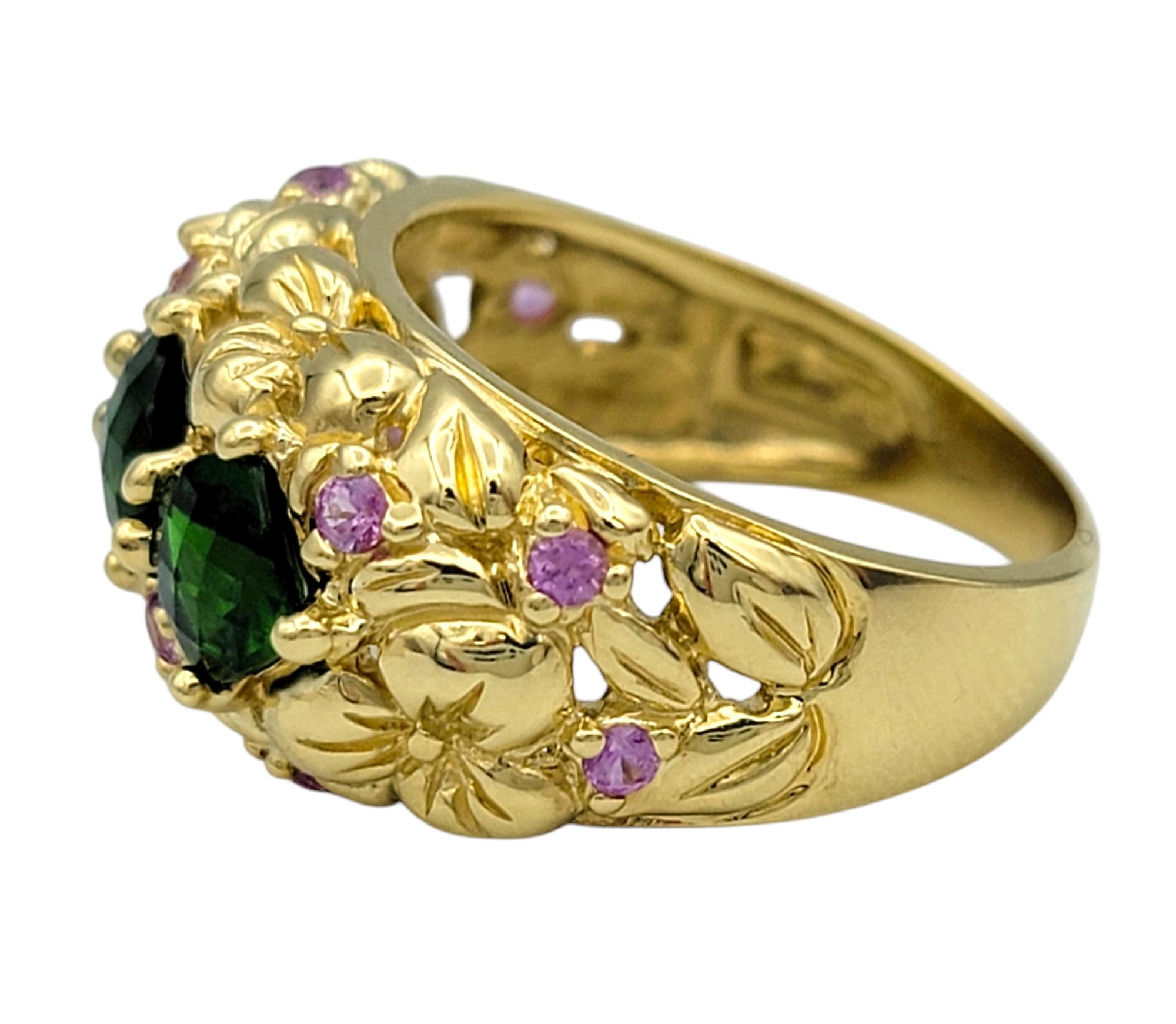 Women's Chrome Diopside and Pink Tourmaline Textured Floral Band Ring in 18 Karat Gold For Sale