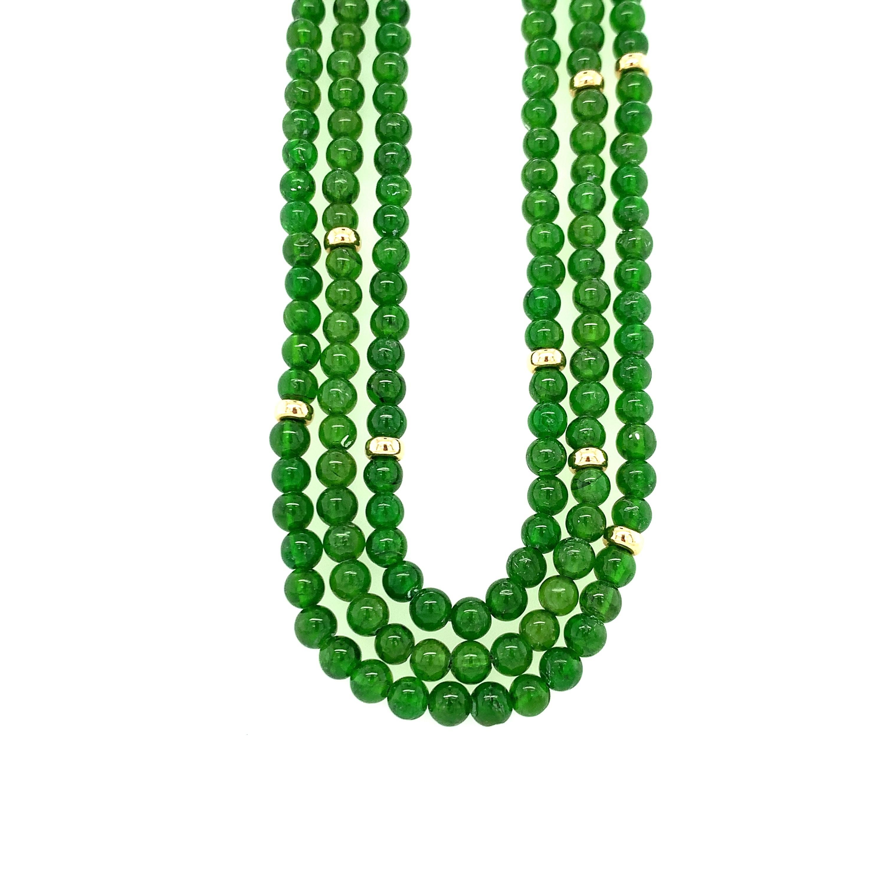 Women's or Men's Chrome Diopside Beaded Necklace, Yellow Gold Accents and Clasp