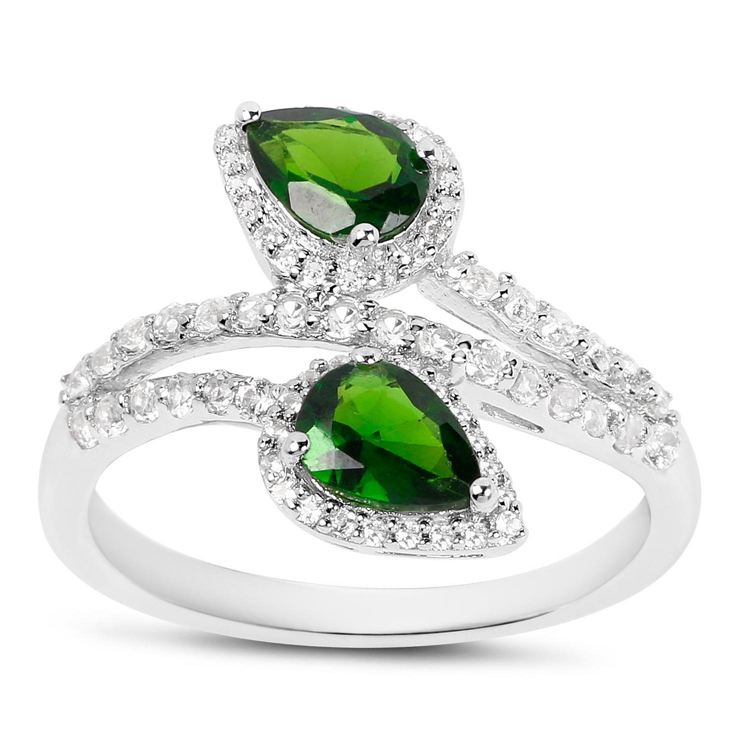 Chrom Diopsid Bypass Ring Weißer Topas 2,22 Karat Sterling Silber im Zustand „Hervorragend“ im Angebot in Aliso Viejo, CA
