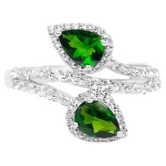 Chrome Diopside Bypass Ring White Topaz 2.22 Carats Sterling Silver