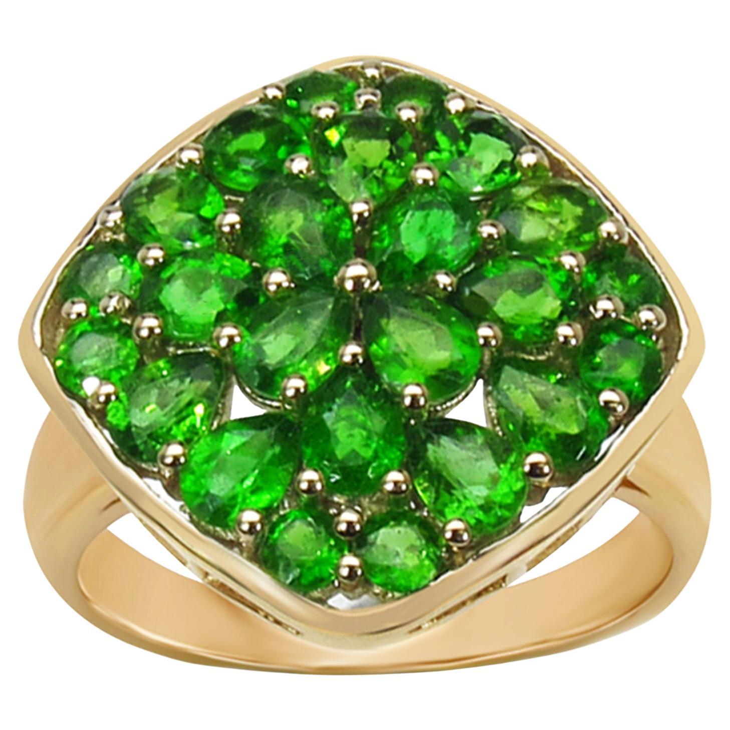 Chrome Diopside Cluster Ring 3 Carats 14K Yellow Gold Plated For Sale