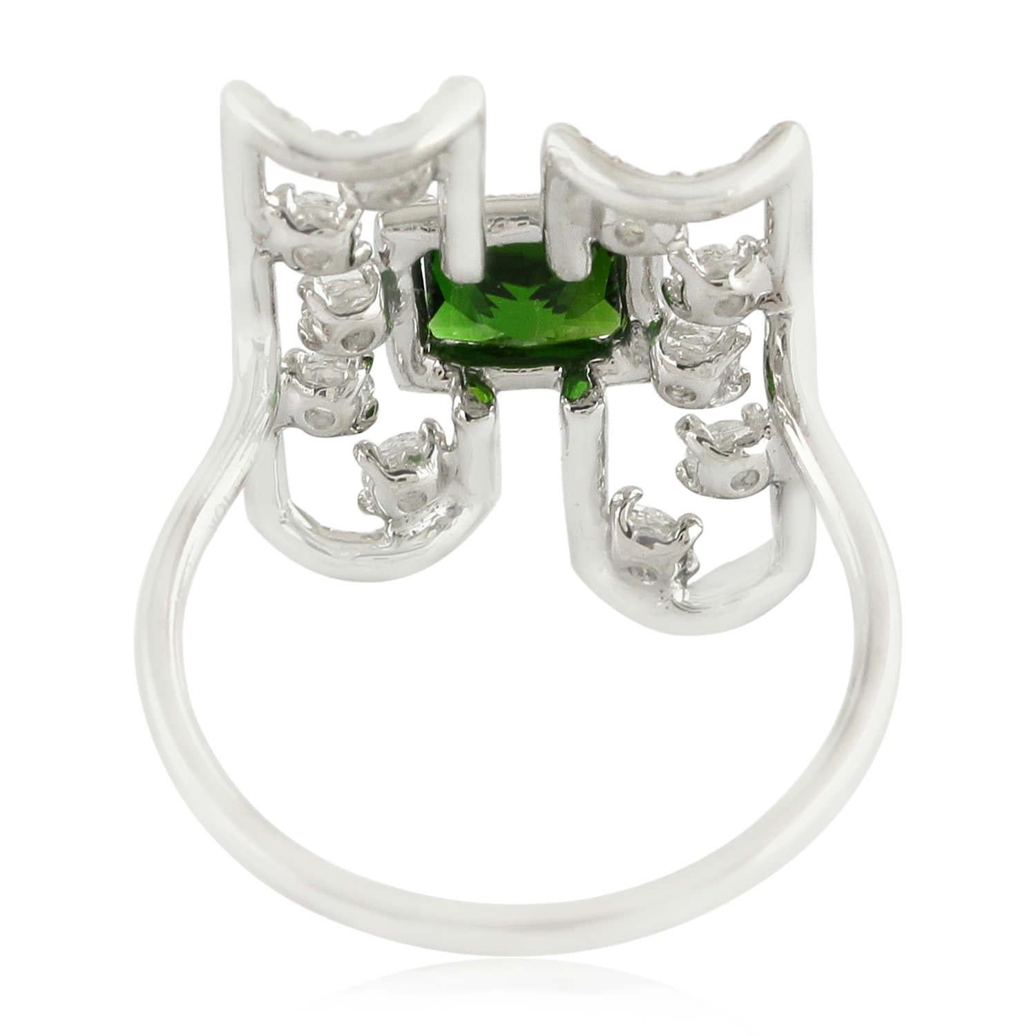 Contemporary Chrome Diopside Cocktail Ring With Diamonds Made In 18k White Gold For Sale
