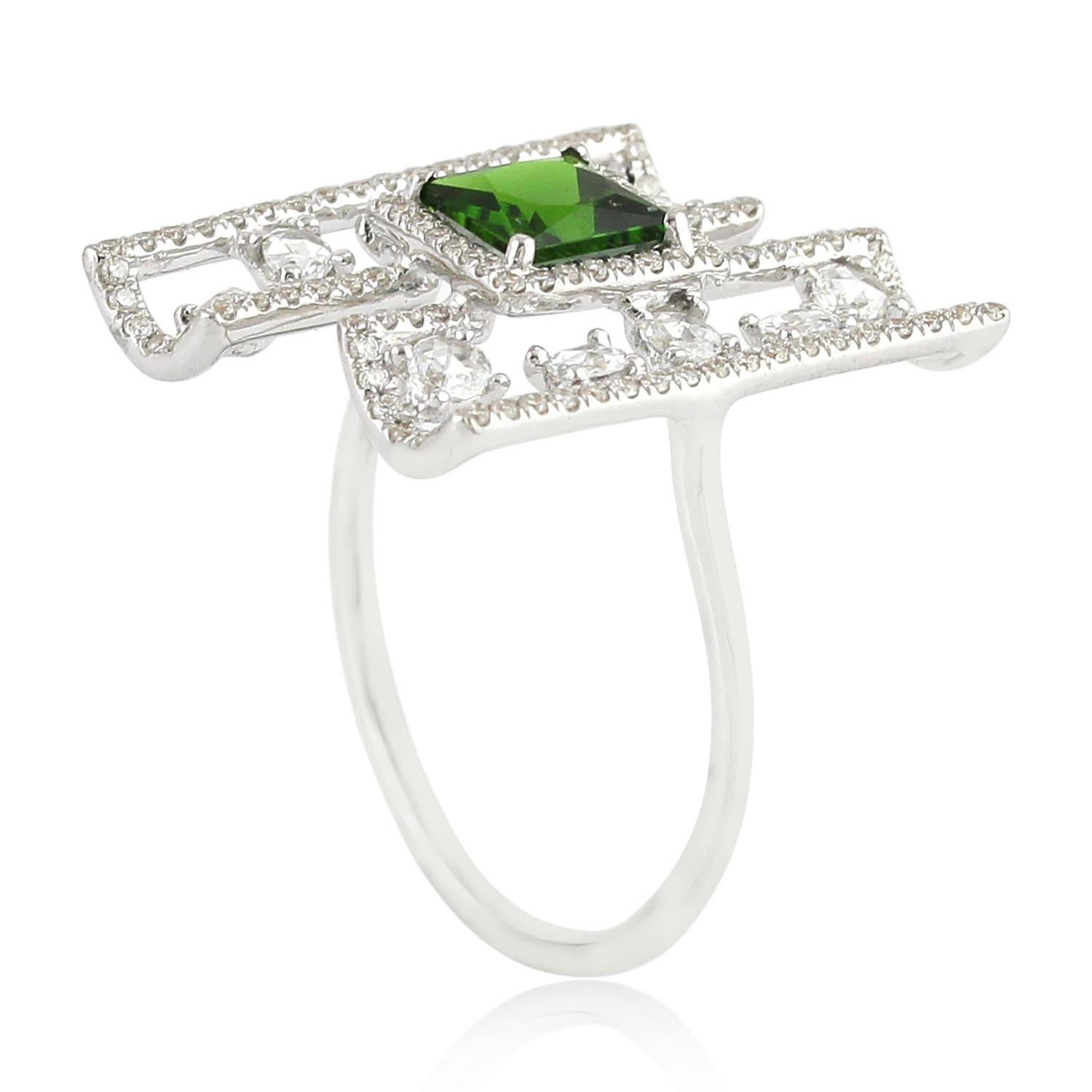 Mixed Cut Chrome Diopside Cocktail Ring With Diamonds Made In 18k White Gold For Sale