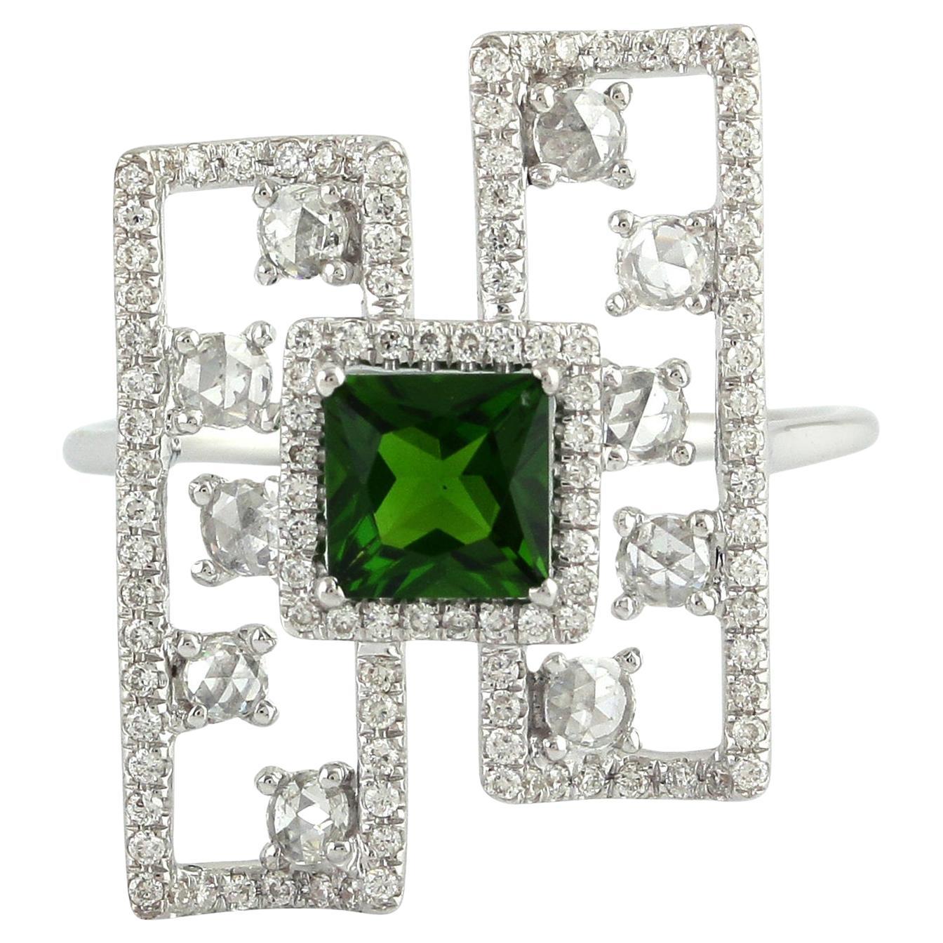 Chrome Diopside Cocktail Ring With Diamonds Made In 18k White Gold For Sale