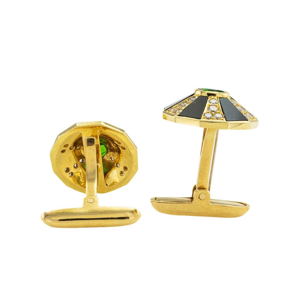Mixed Cut Chrome Diopside Diamond Onyx Yellow Gold Cufflinks For Sale