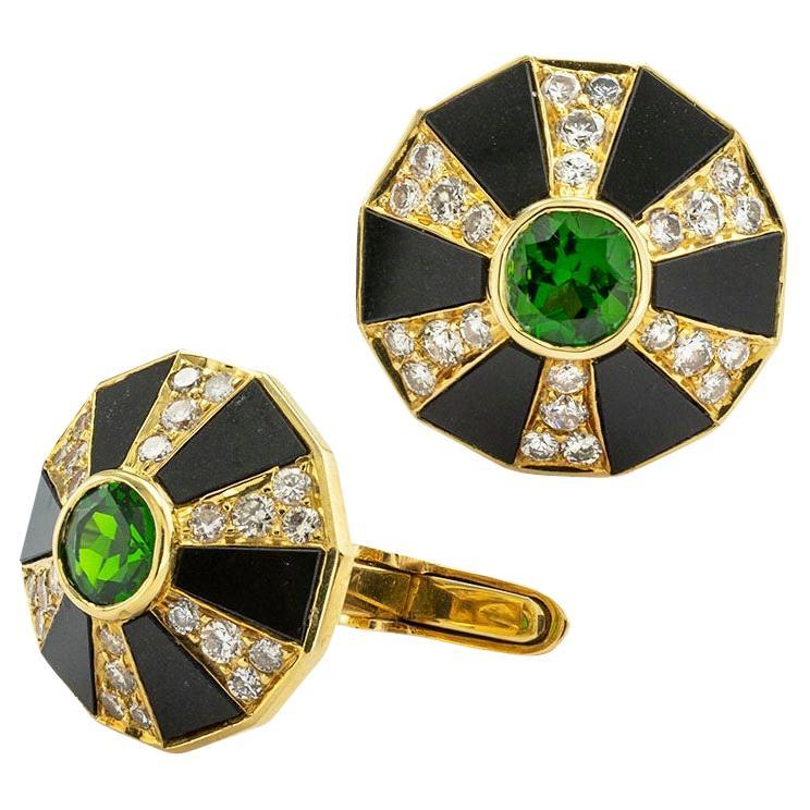 Chrome Diopside Diamond Onyx Yellow Gold Cufflinks For Sale