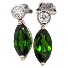 Chrome Diopside Earrings w Earth Mined Diamonds in Solid 14K Gold MQ 10x5mm