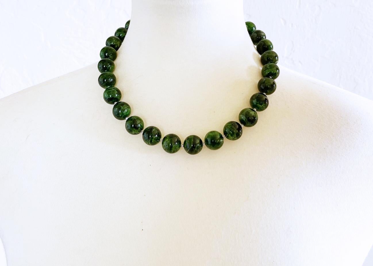 Dazzling natural chrome diopside necklace made with round 15mm gorgeous chrome diopside beads, sterling silver accent beads, and finished with an elegant clasp. Handcrafted in the USA by Rocat Designs. This stunning necklace measures approximately