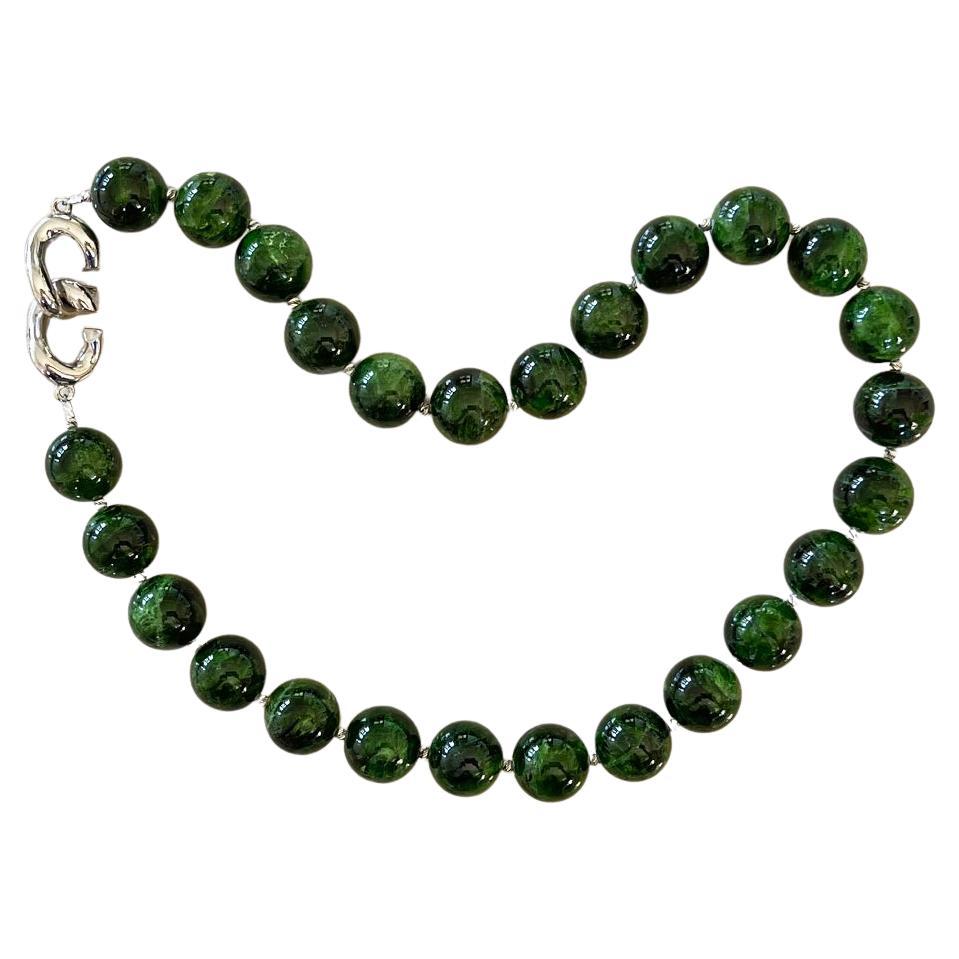 Chrome Diopside Siberian Emerald Intense Green 15mm Round Beaded Necklace For Sale