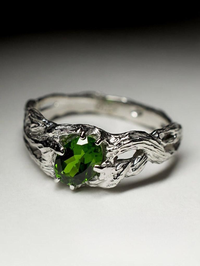 Chrome Diopside Silver Ring Natural Deep Green Gemstone Unisex Jewelry In New Condition For Sale In Berlin, DE