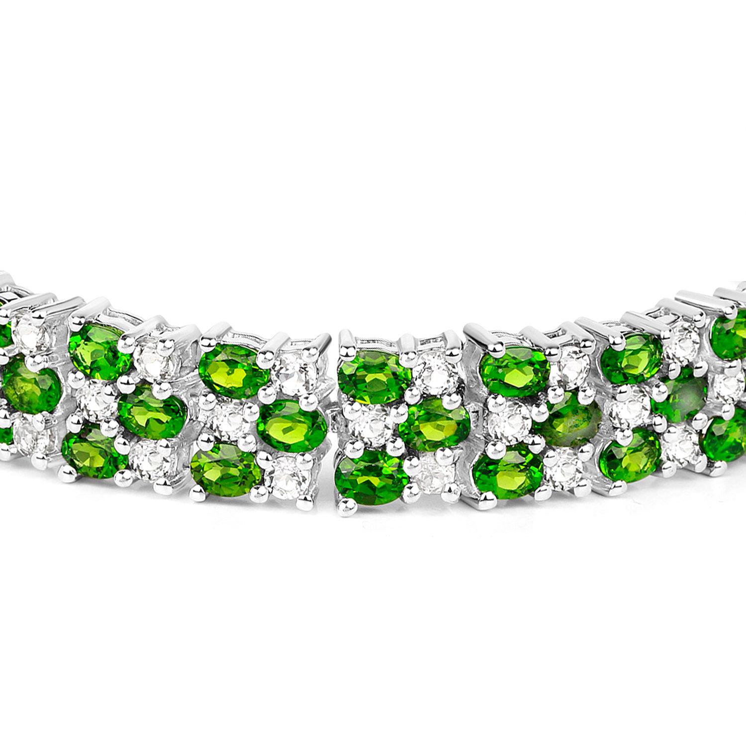 Oval Cut Chrome Diopside Tennis Bracelet With White Topazes 17.28 Carats Rhodium Plated S For Sale