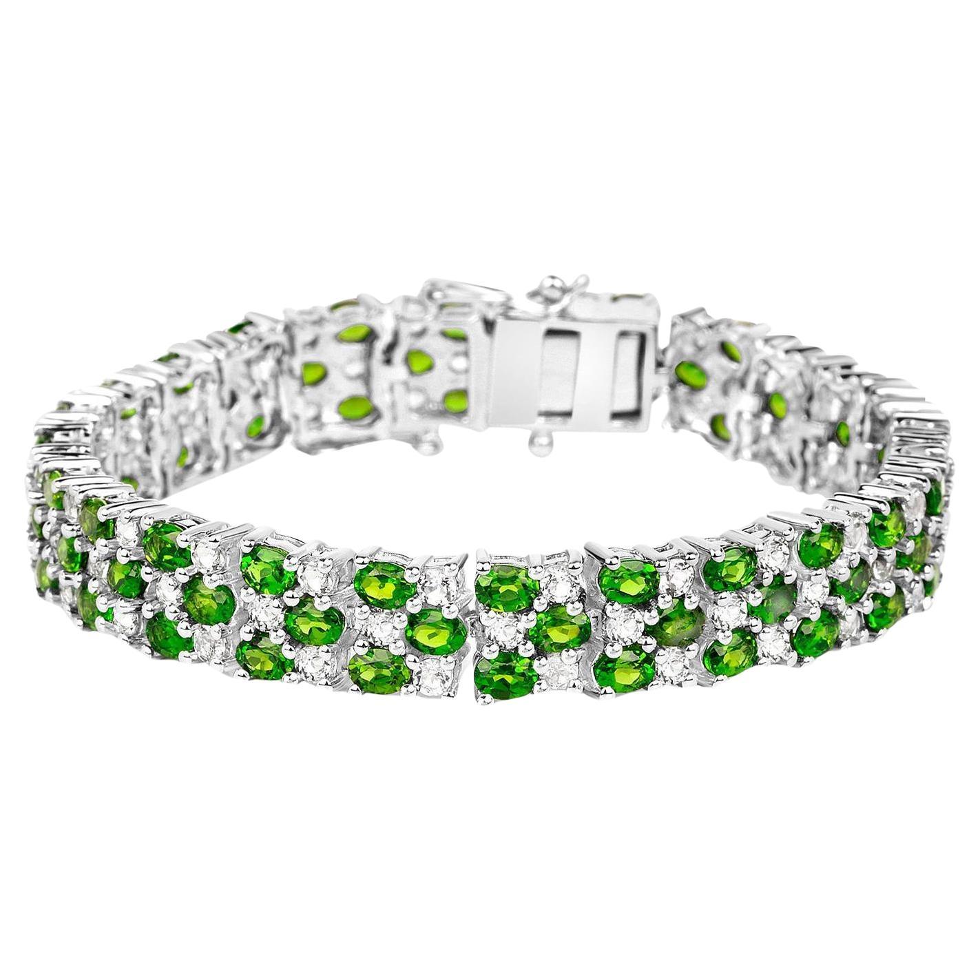 Chrome Diopside Tennis Bracelet With White Topazes 17.28 Carats Rhodium Plated S For Sale