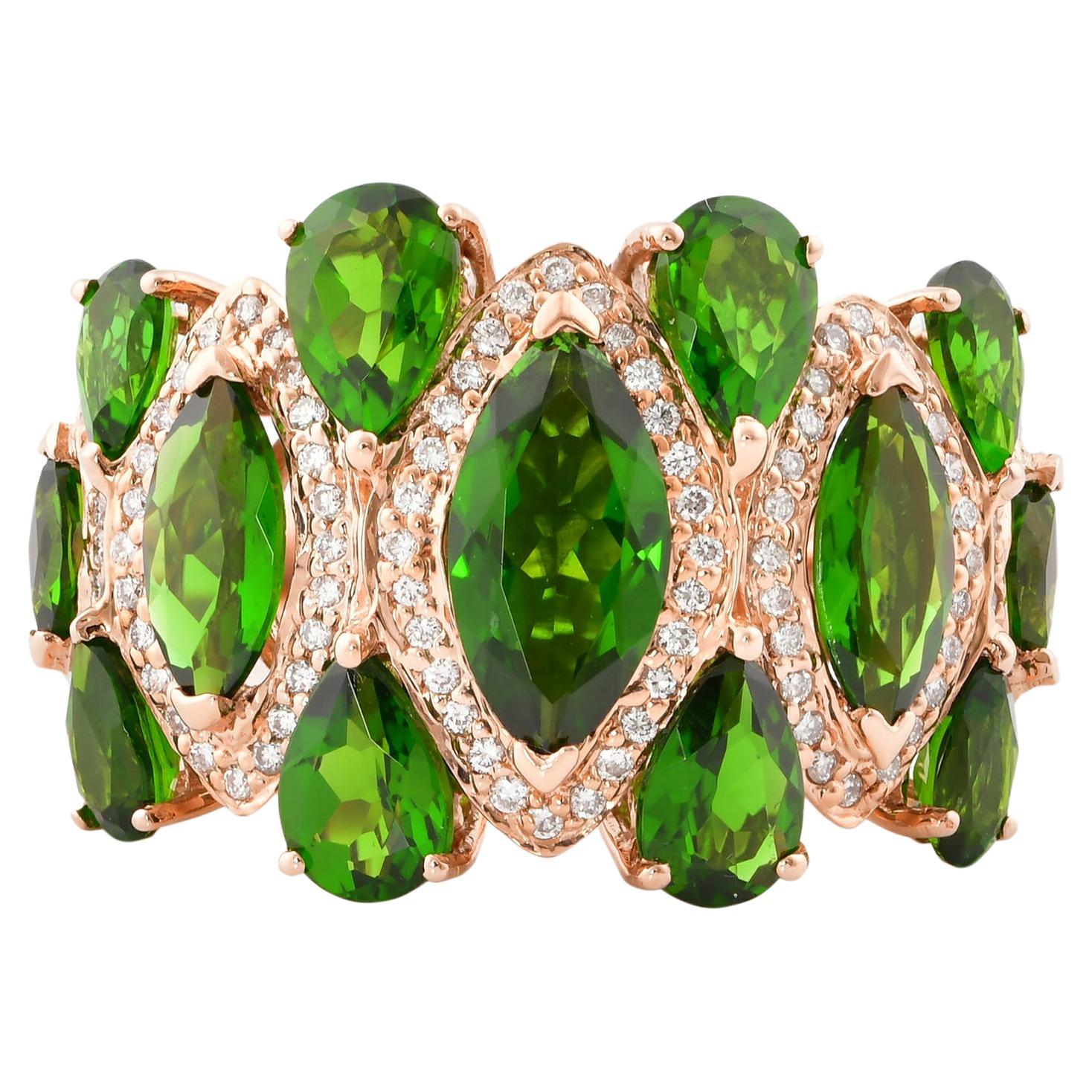Chrome Diopside with Diamond Cocktail Ring in 14 Karat Yellow Gold For Sale