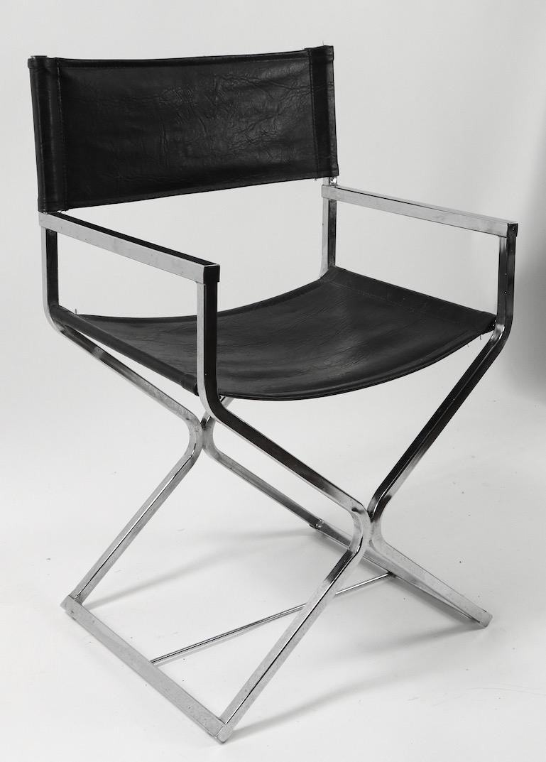 Chrome Directors chair designed by Robert Kjer Jacobsen for Virtue Vintage. Good original condition, clean and ready to use. Measures: Total H 32 x arm H 24 x seat H 17.