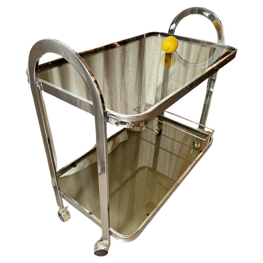 Vintage Bauhaus style chrome and light smoke colored glass drinks trolley.