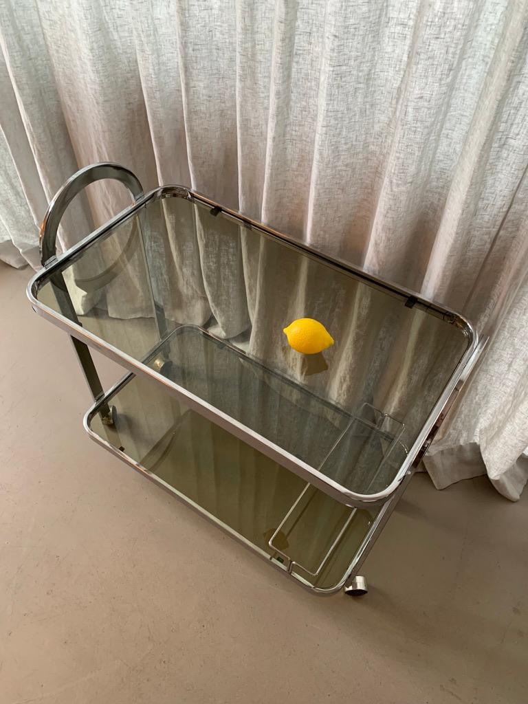 Smoked Glass Chrome Drinks Trolley For Sale