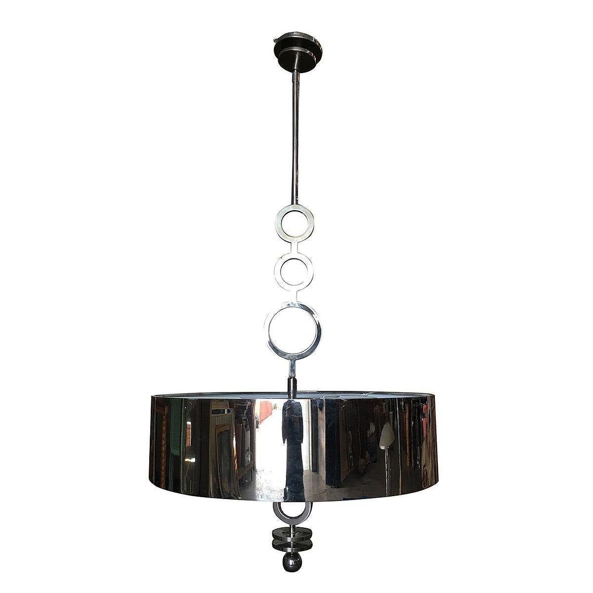 Modern Chrome Drum Chandelier with Frosted Glass Shade For Sale